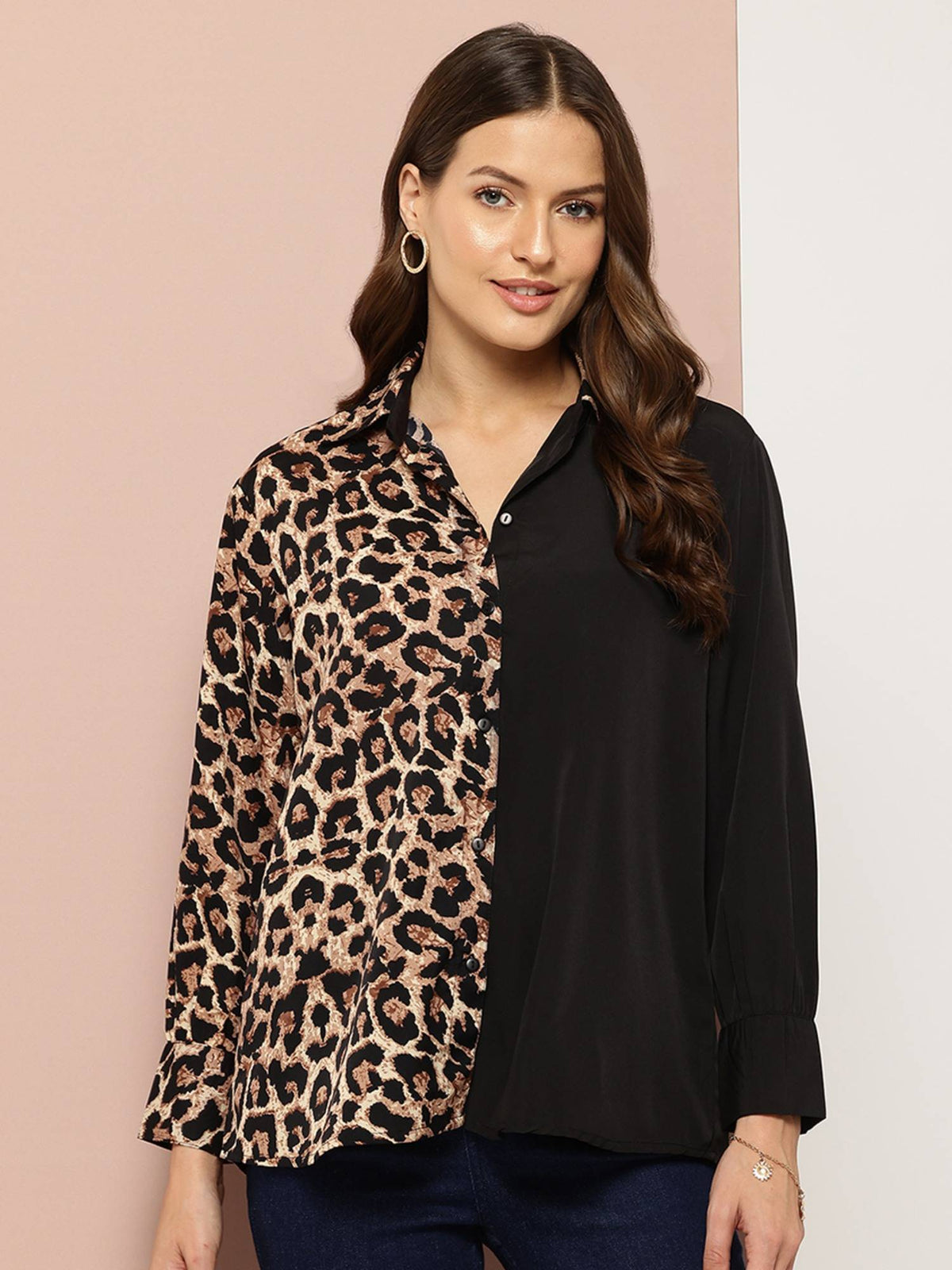 Half Leopard Print and Half Solid Black Shirt | S67 - view 1