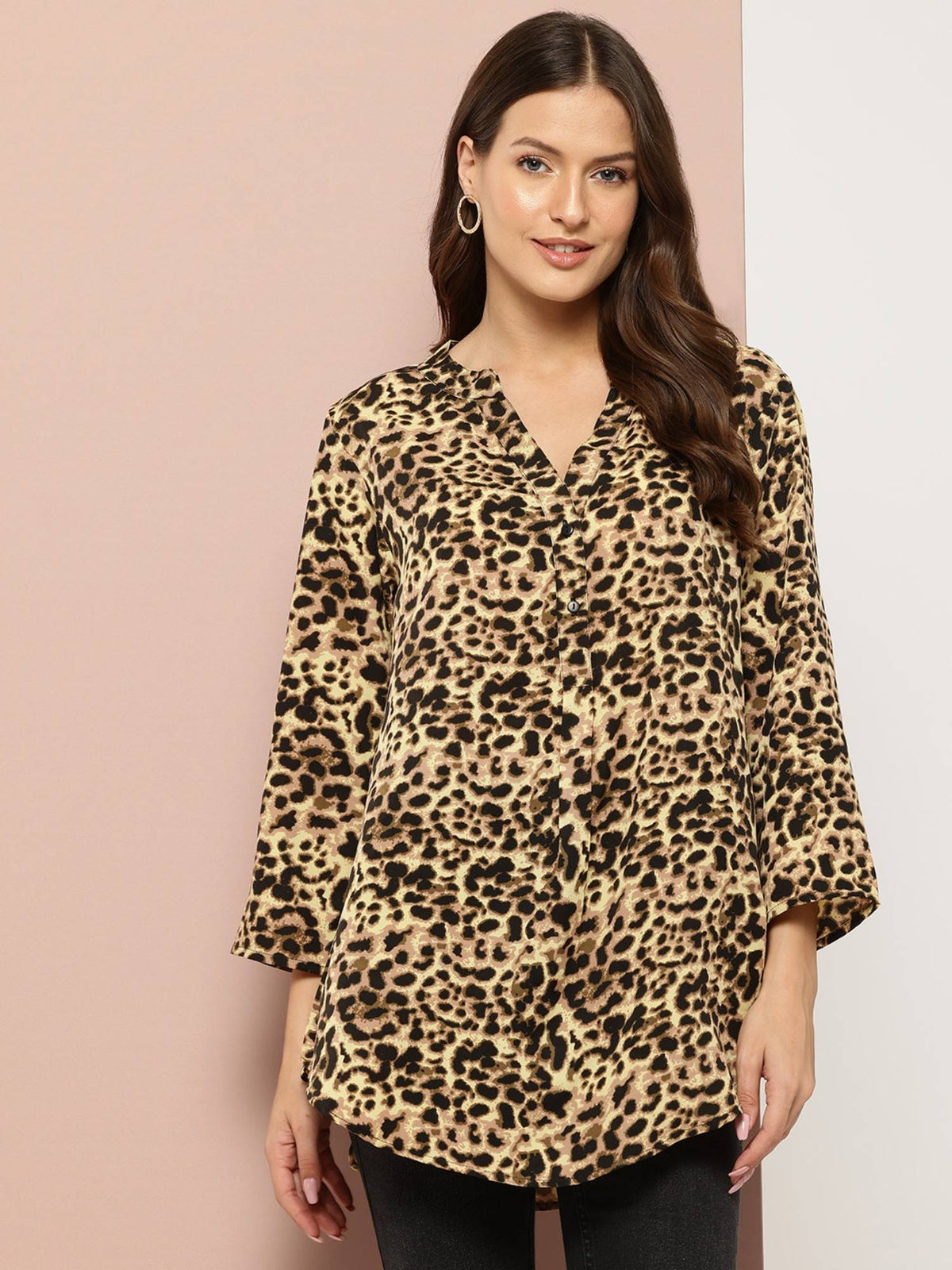 Black and Yellow Leopard Print Half Placket Mandarin Collar Shirt | S67 - view 1