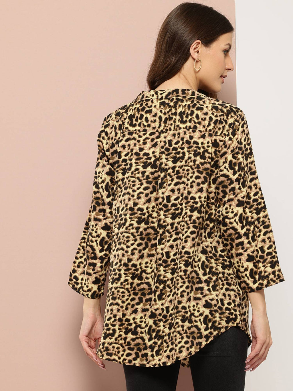 Black and Yellow Leopard Print Half Placket Mandarin Collar Shirt | S67 - view 2
