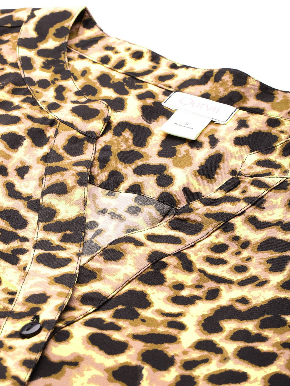Black and Yellow Leopard Print Half Placket Mandarin Collar Shirt | S67 - view 4