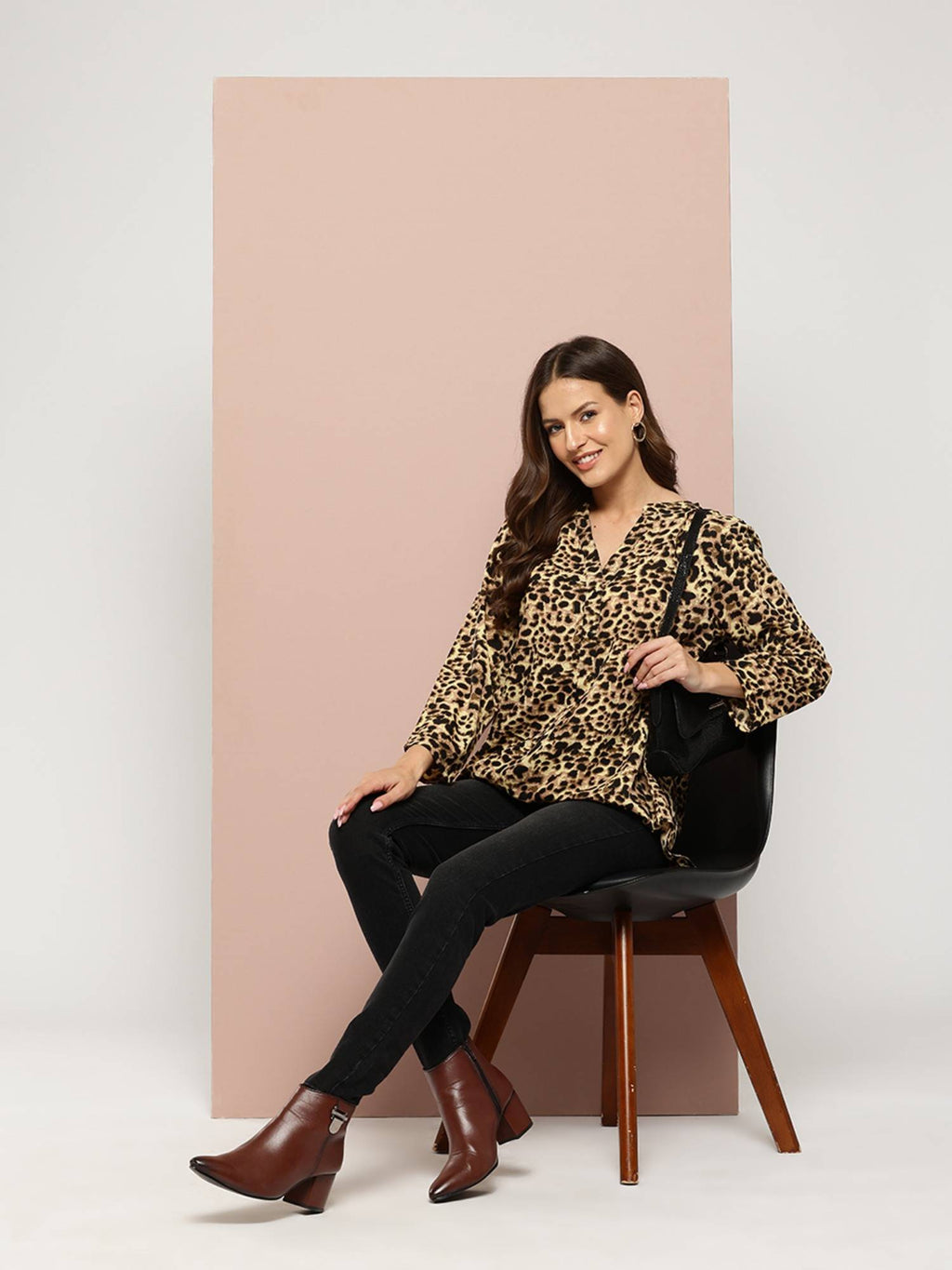 Black and Yellow Leopard Print Half Placket Mandarin Collar Shirt | S67 - view 5