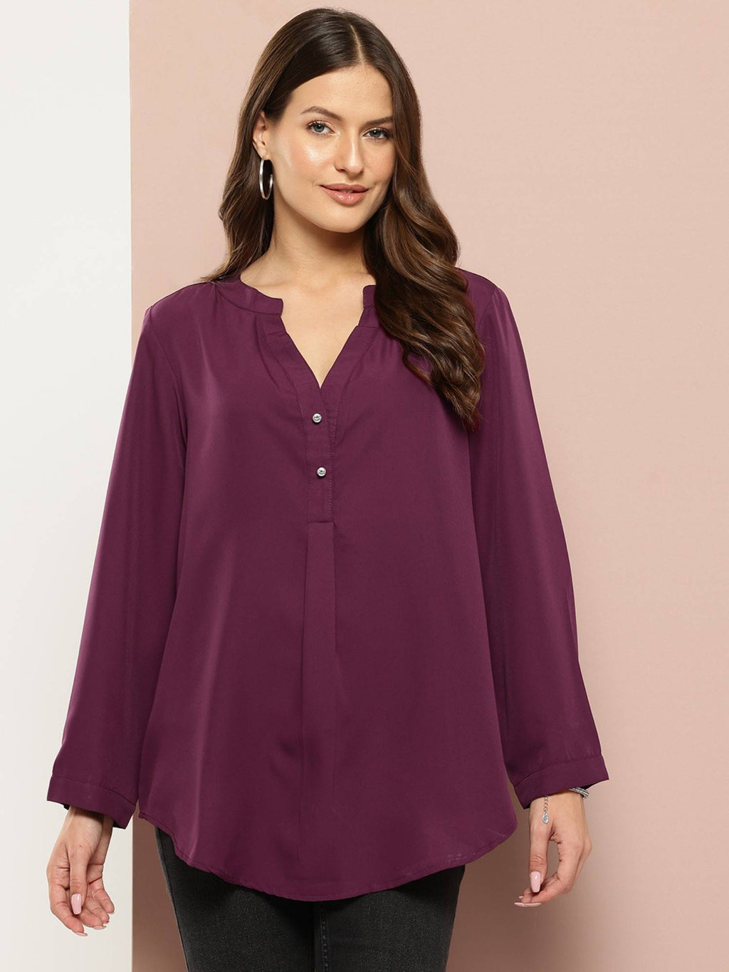 Solid Wine Half Placket Mandarin Collar Shirt | S67 - view 1