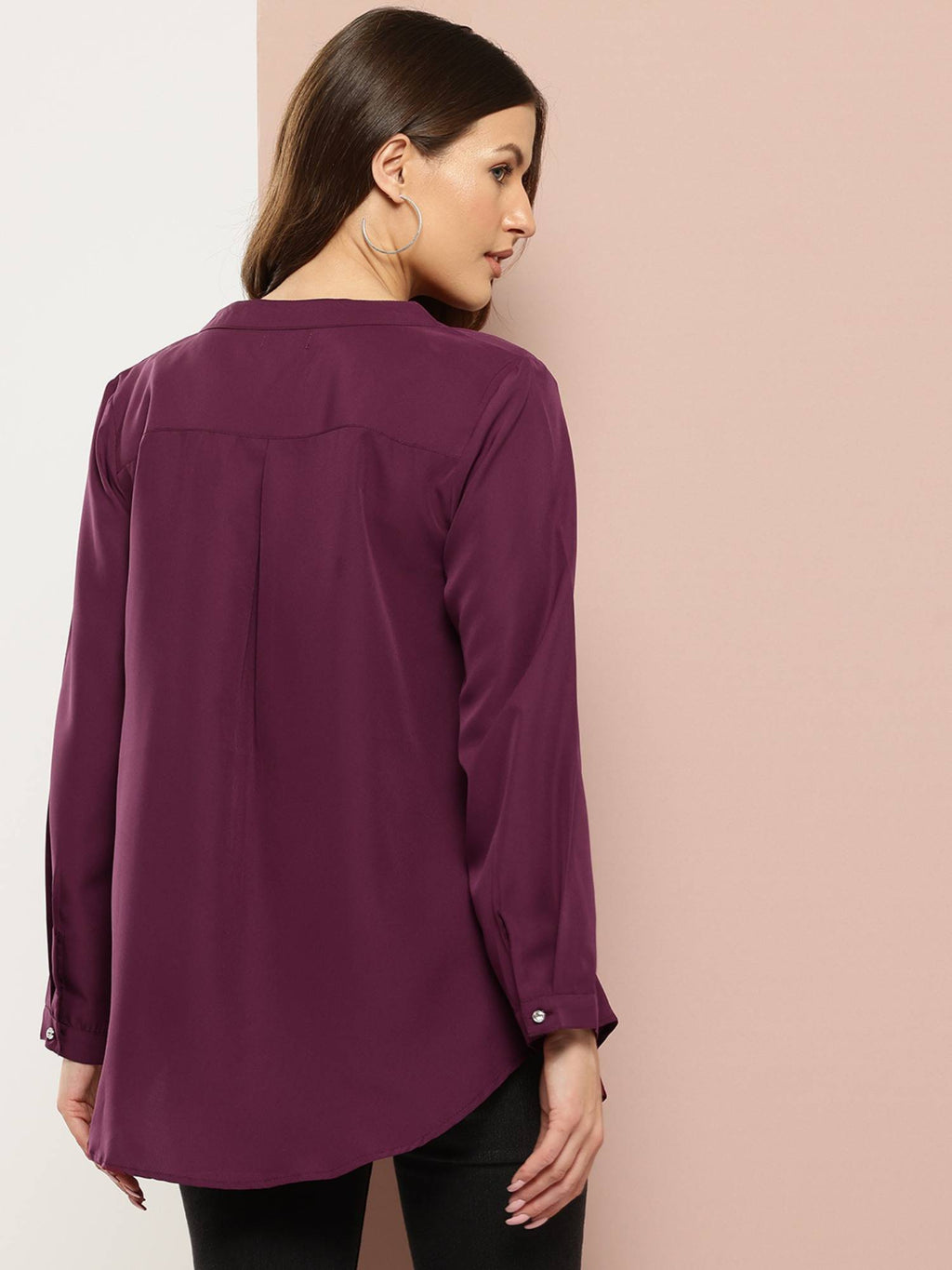 Solid Wine Half Placket Mandarin Collar Shirt | S67 - view 2