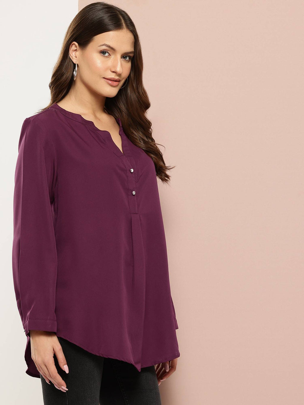 Solid Wine Half Placket Mandarin Collar Shirt | S67 - view 4