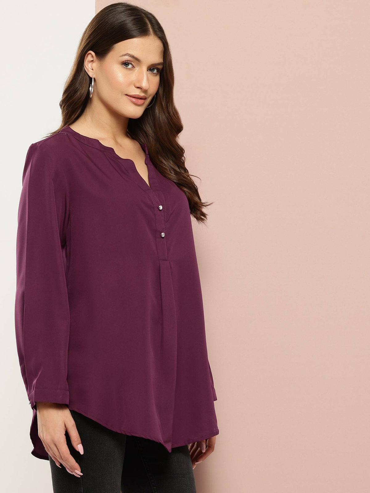 Solid Wine Half Placket Mandarin Collar Shirt | S67 - view 4