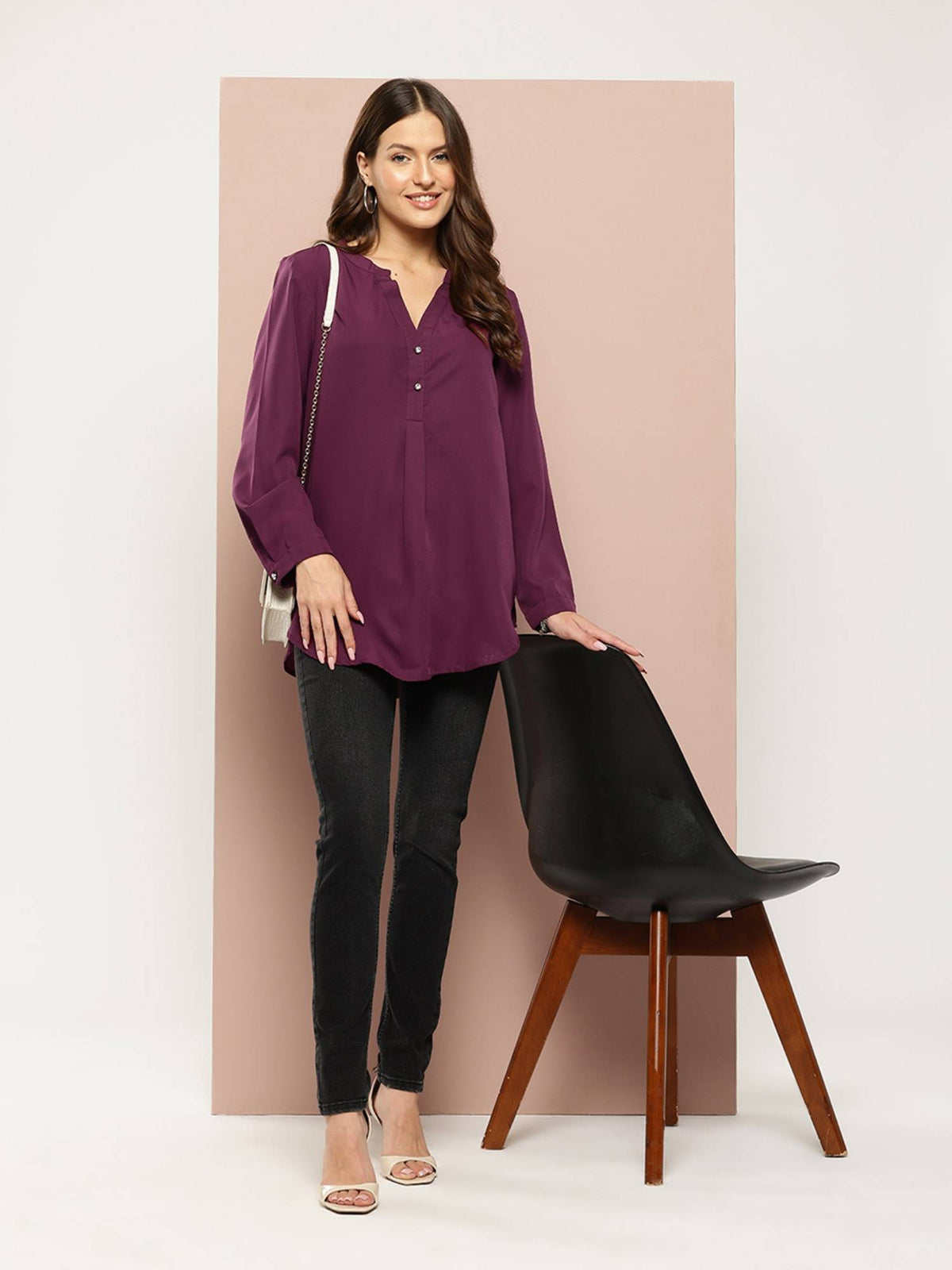 Solid Wine Half Placket Mandarin Collar Shirt | S67 - view 5
