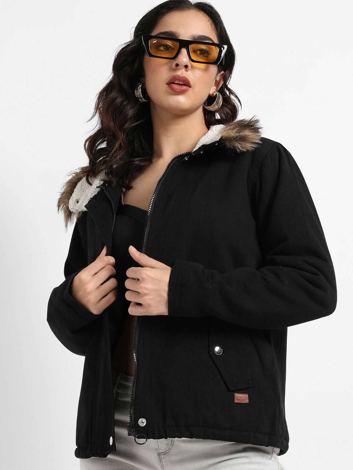 Womens Black Zip Front Jacket with Fur Details | JC78 - view 1