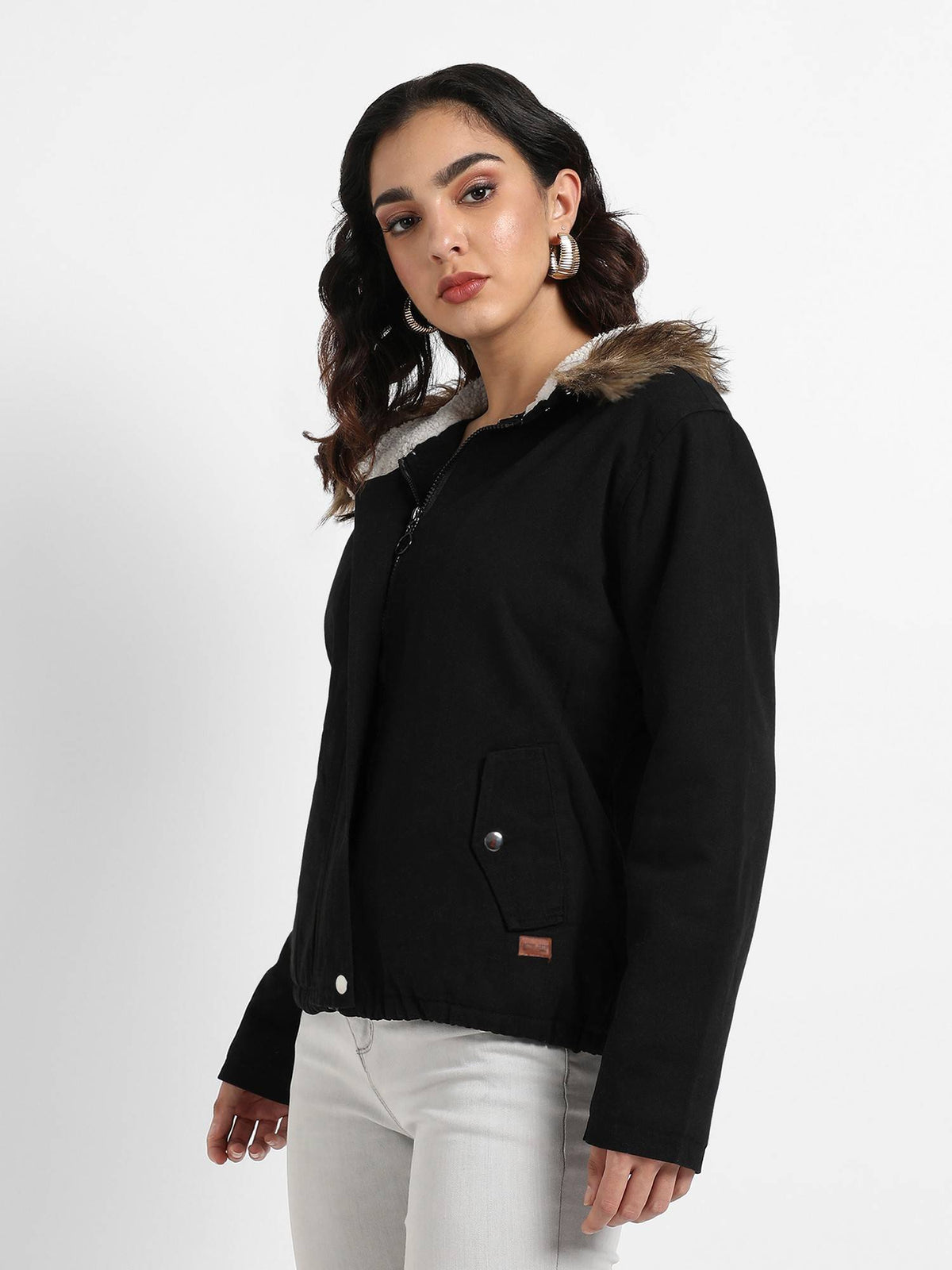 Womens Black Zip Front Jacket with Fur Details | JC78 - view 2