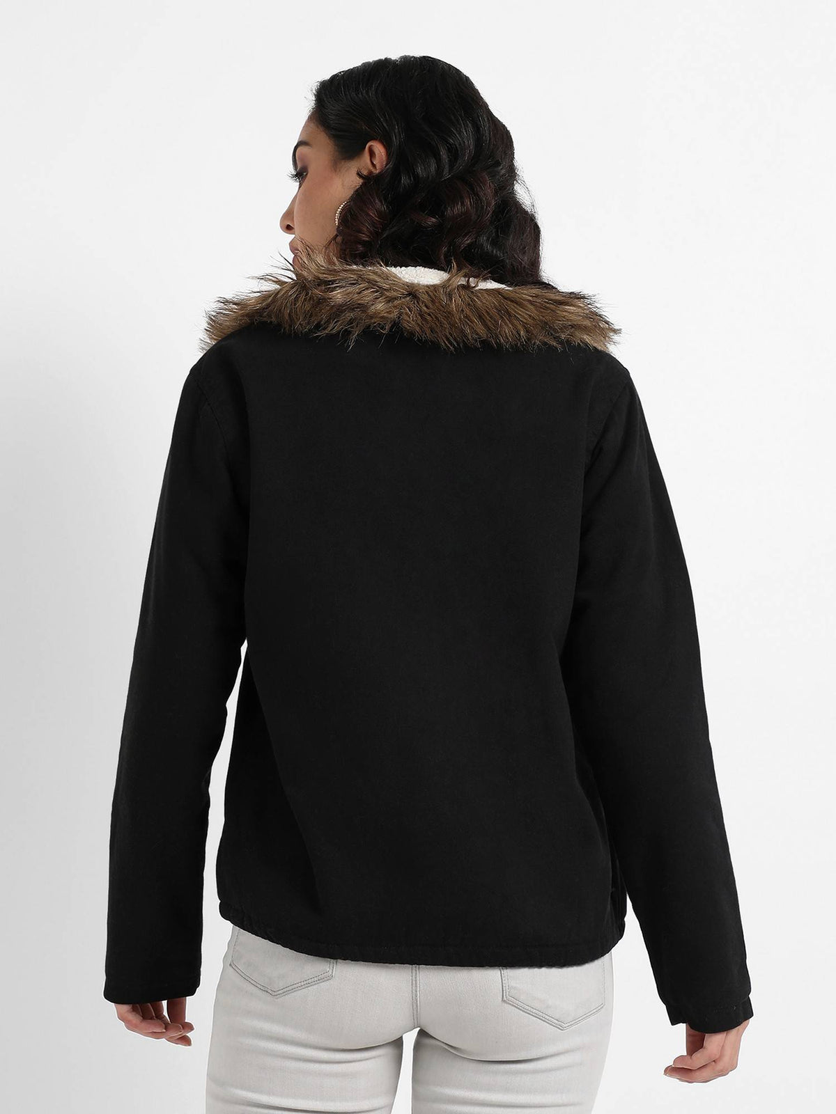 Womens Black Zip Front Jacket with Fur Details | JC78 - view 3