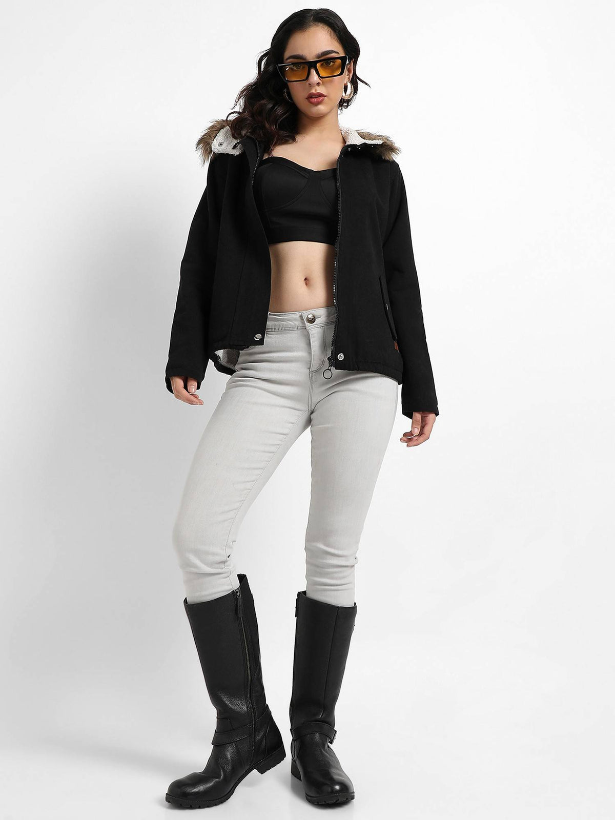 Womens Black Zip Front Jacket with Fur Details | JC78 - view 4