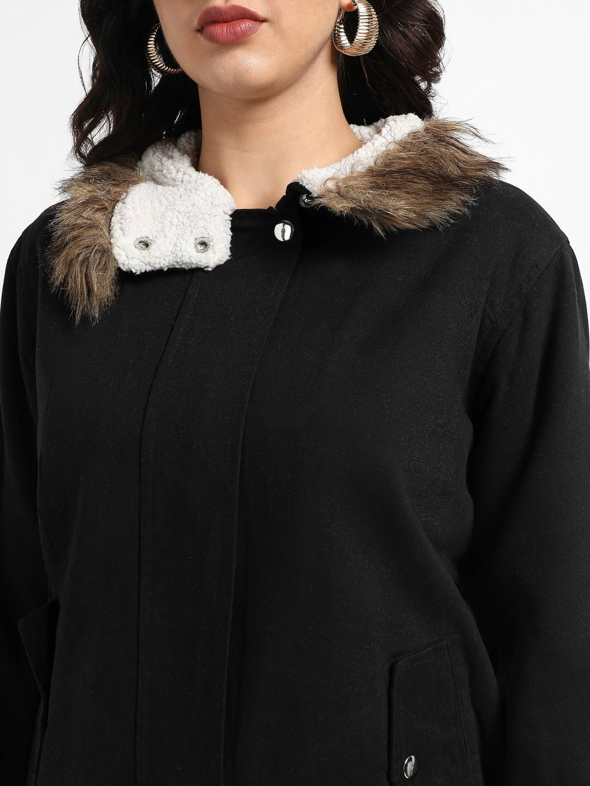 Womens Black Zip Front Jacket with Fur Details | JC78 - view 5