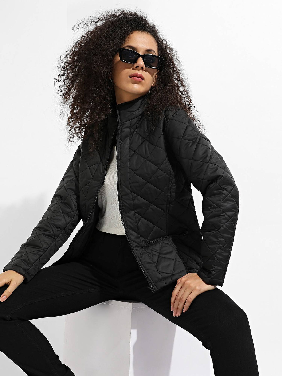 Womens Black Quilted Puffer Jacket with Zip Closure | JC78 - view 1