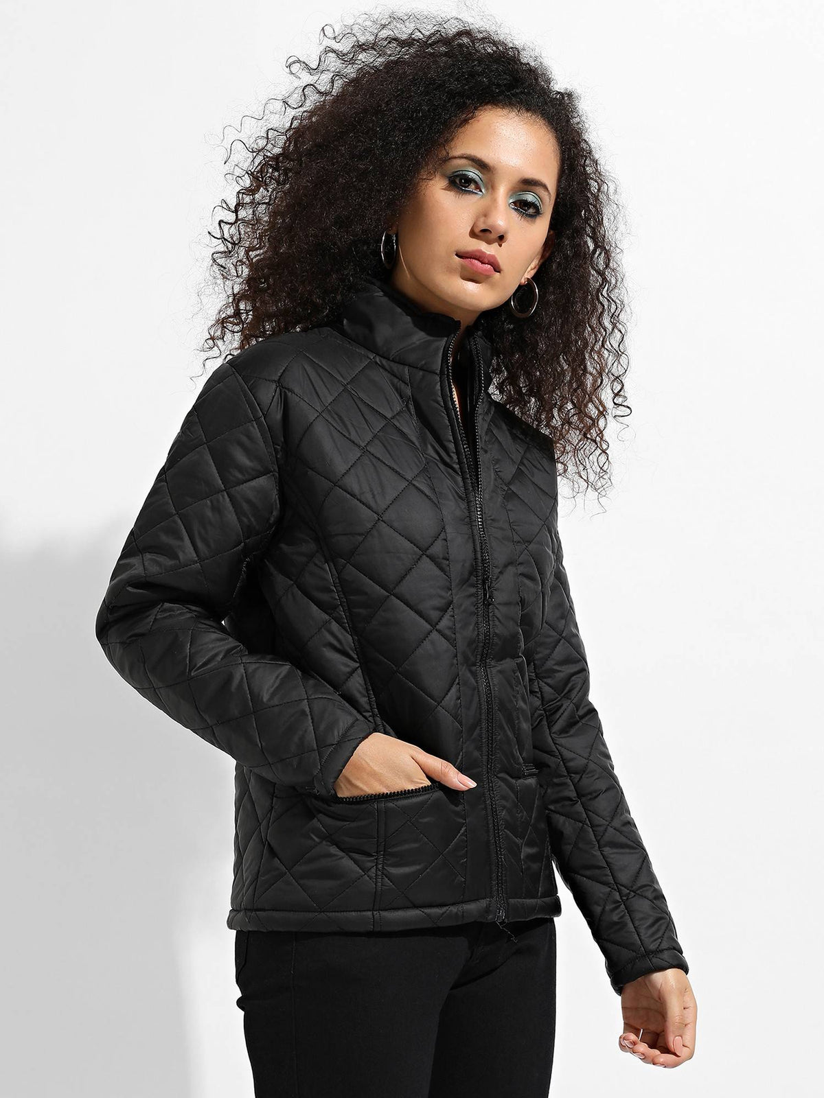 Womens Black Quilted Puffer Jacket with Zip Closure | JC78 - view 2