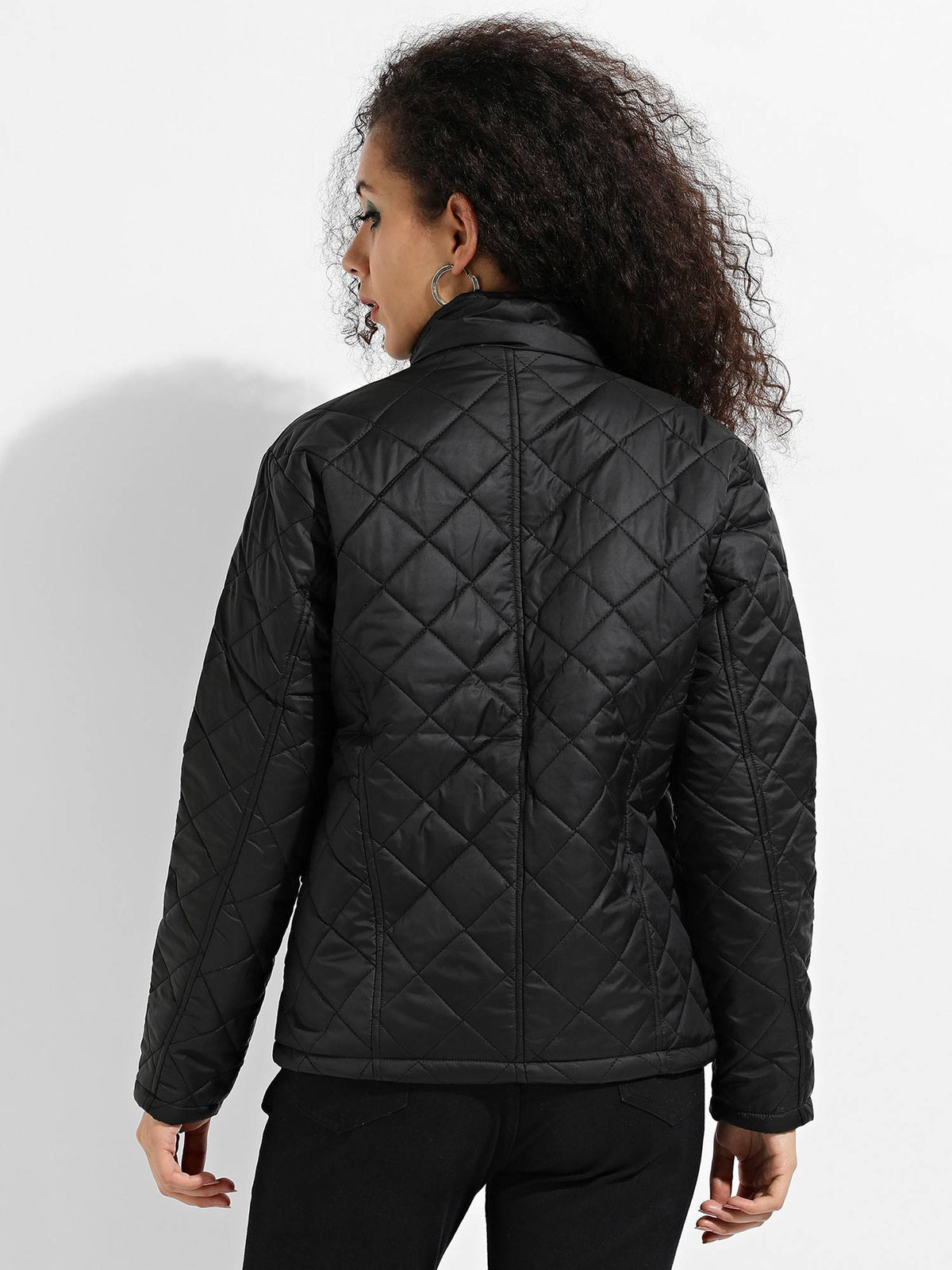 Womens Black Quilted Puffer Jacket with Zip Closure | JC78 - view 3
