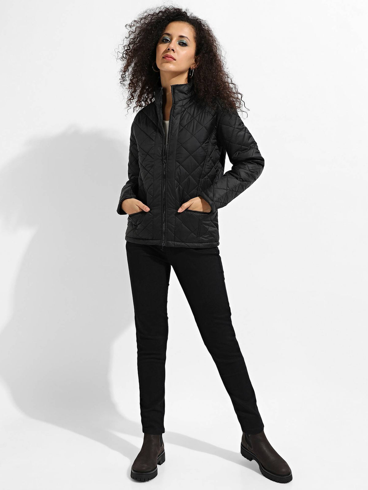 Womens Black Quilted Puffer Jacket with Zip Closure | JC78 - view 4