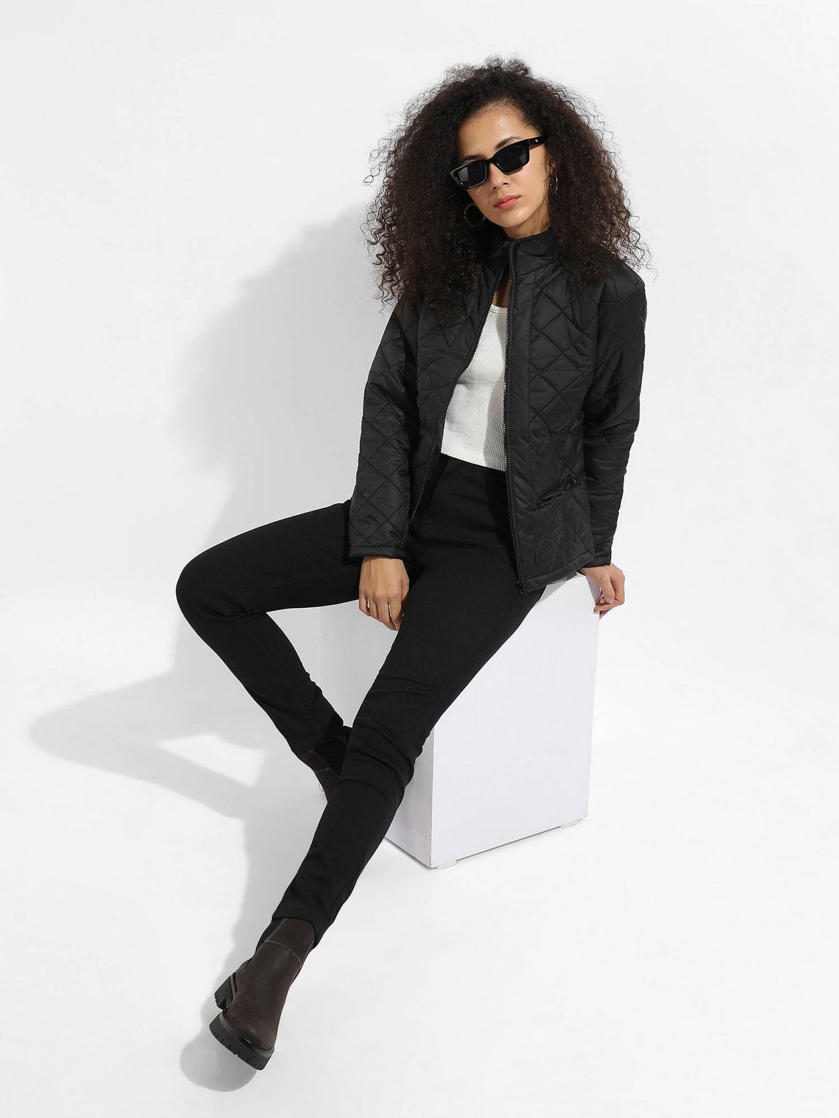 Womens Black Quilted Puffer Jacket with Zip Closure | JC78 - view 5