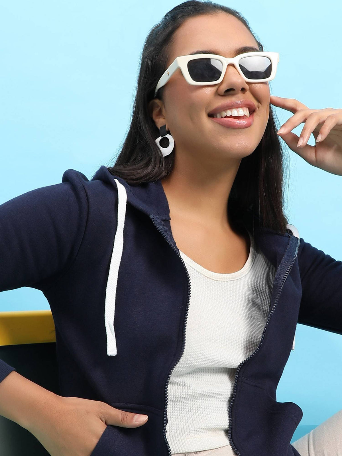 Womens Navy Blue Zip Front Hoodie with Contrast Drawstring | HD56 - view 2