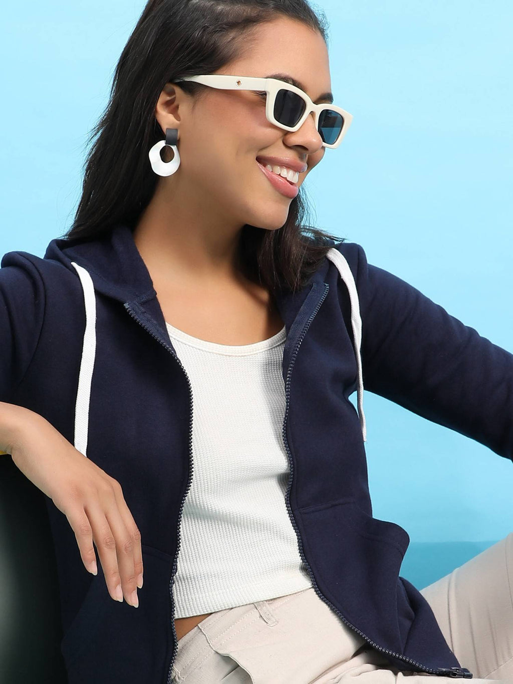Womens Navy Blue Zip Front Hoodie with Contrast Drawstring | HD56 - view 3