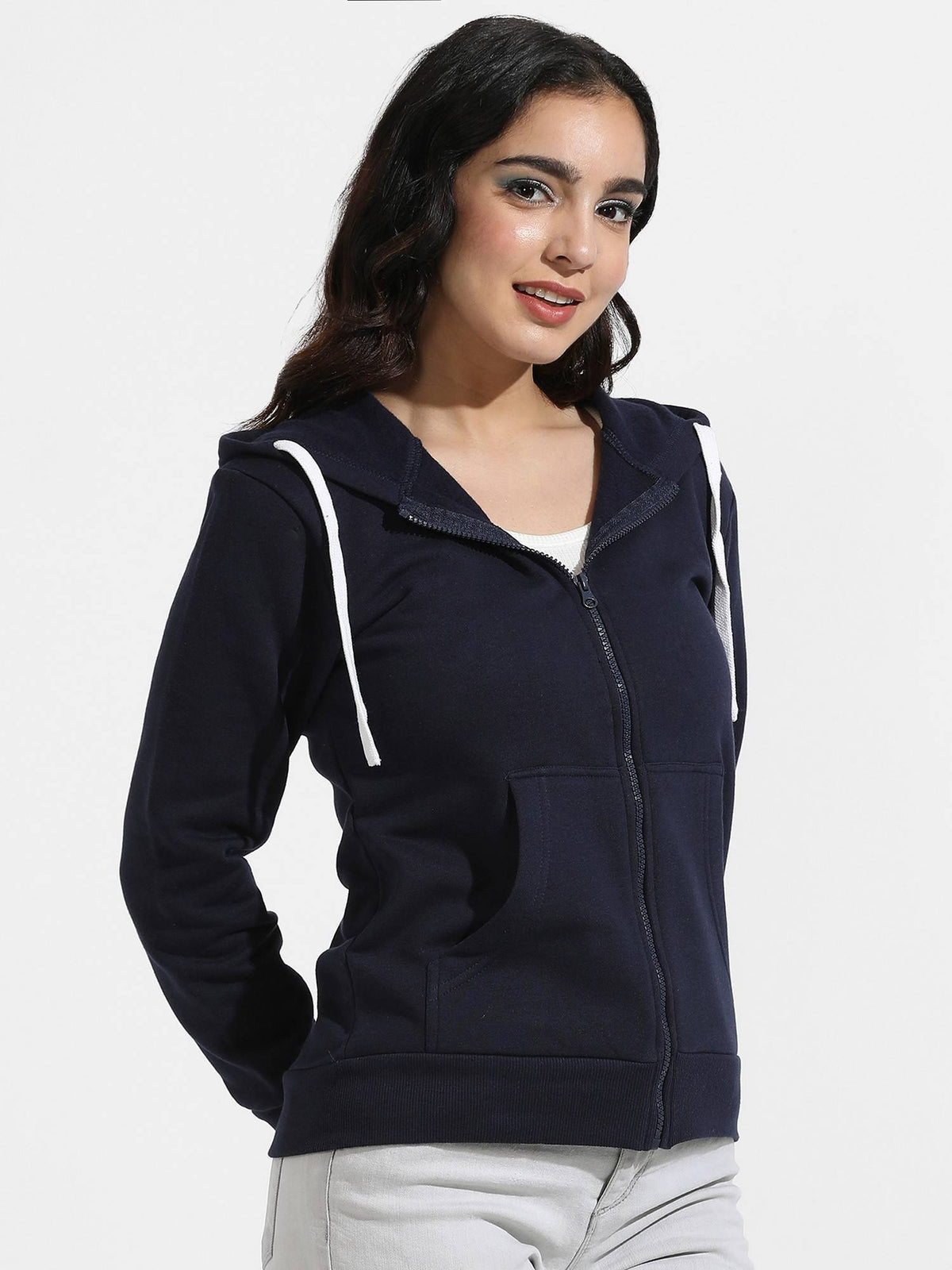 Womens Navy Blue Zip Front Hoodie with Contrast Drawstring | HD56 - view 1