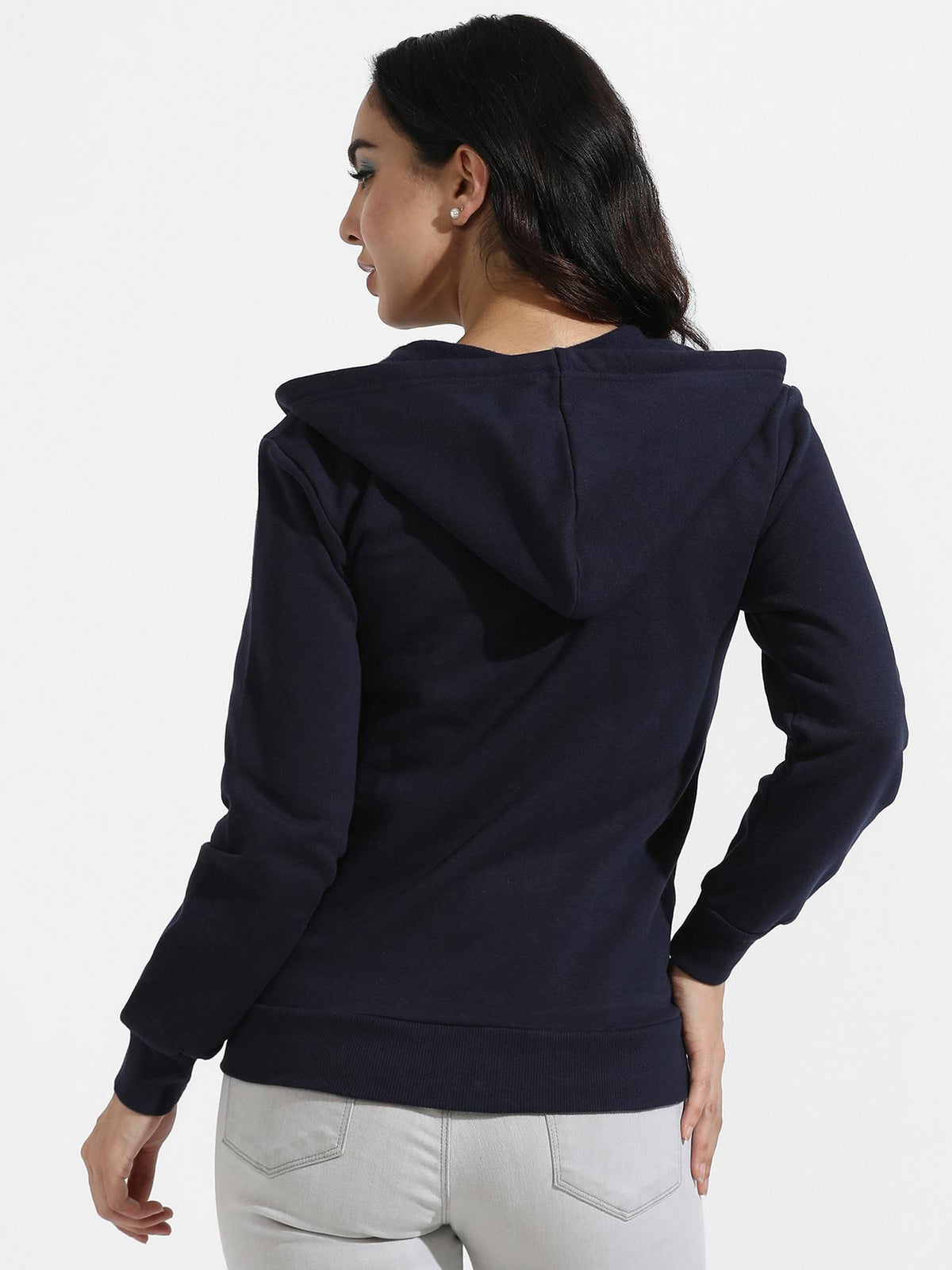 Womens Navy Blue Zip Front Hoodie with Contrast Drawstring | HD56 - view 5