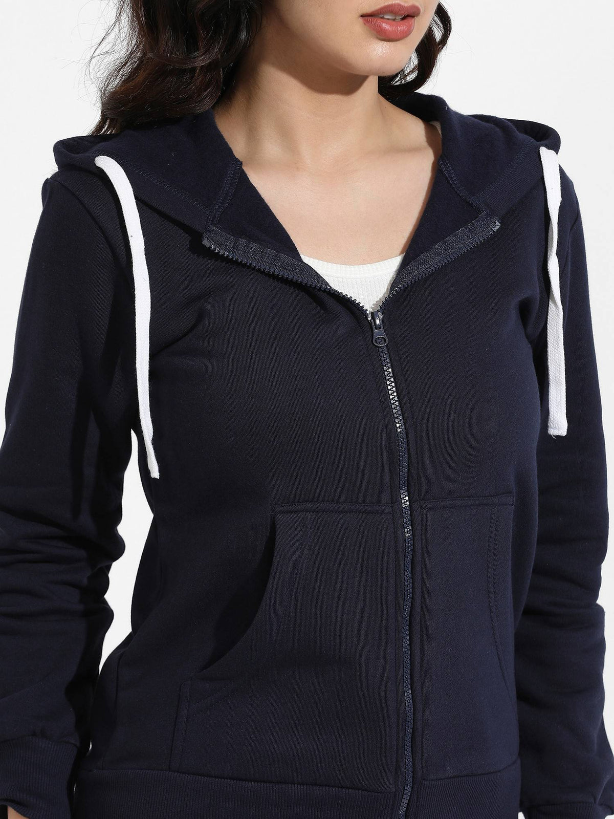 Womens Navy Blue Zip Front Hoodie with Contrast Drawstring | HD56 - view 6