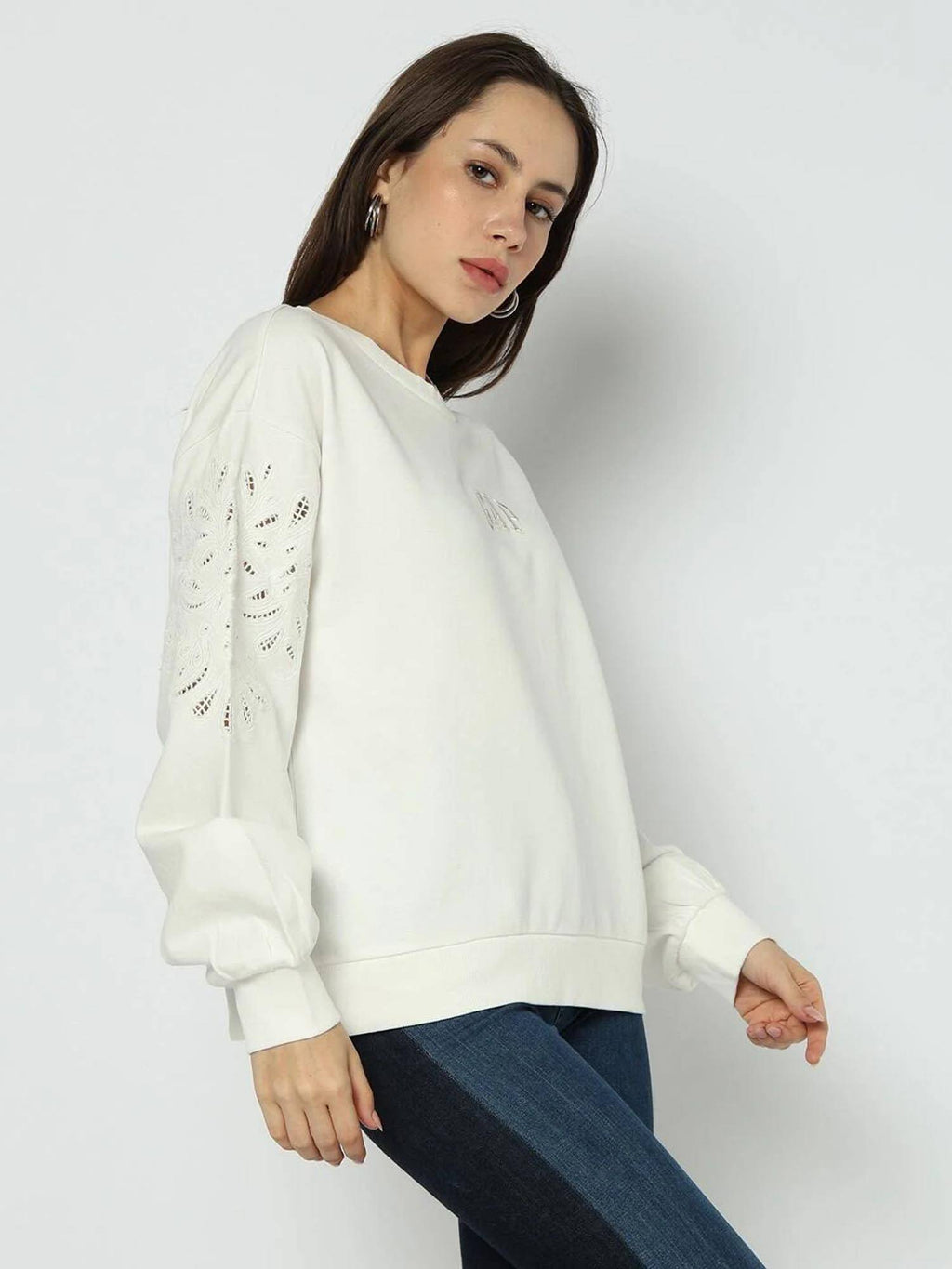 Women's Cut-Work Patterned Round Neck Sweatshirt | HD56 - view 5