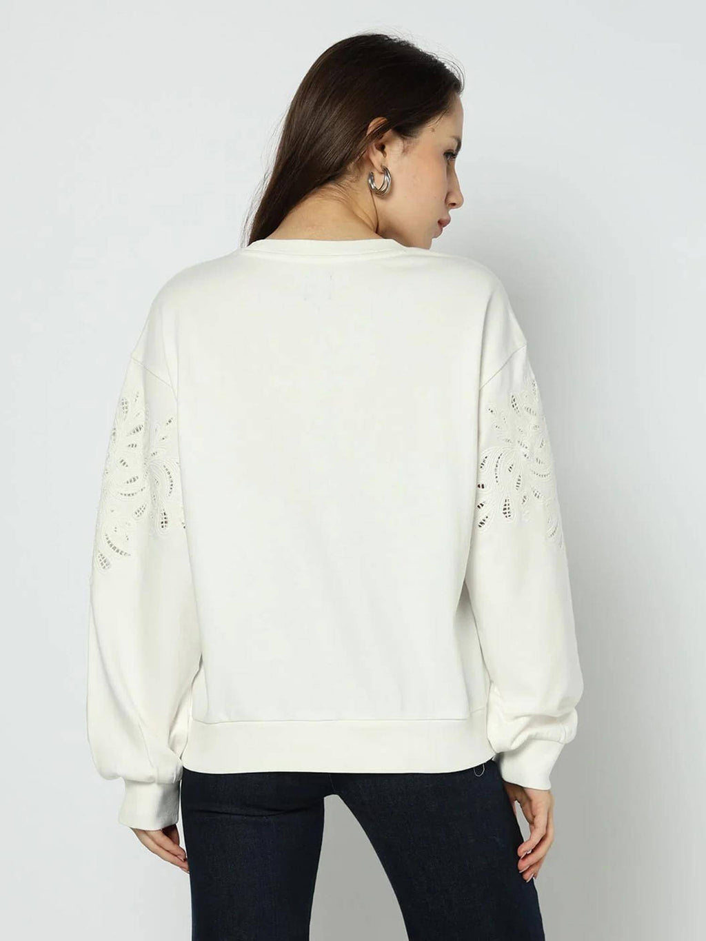 Women's Cut-Work Patterned Round Neck Sweatshirt | HD56 - view 2