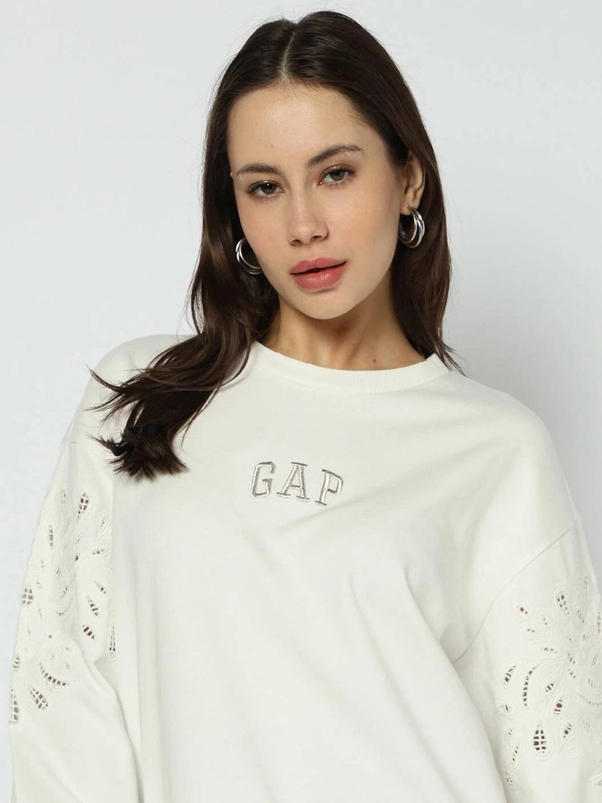 Women's Cut-Work Patterned Round Neck Sweatshirt | HD56 - view 3