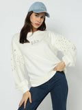Women's Cut-Work Patterned Round Neck Sweatshirt | HD56 - view 1