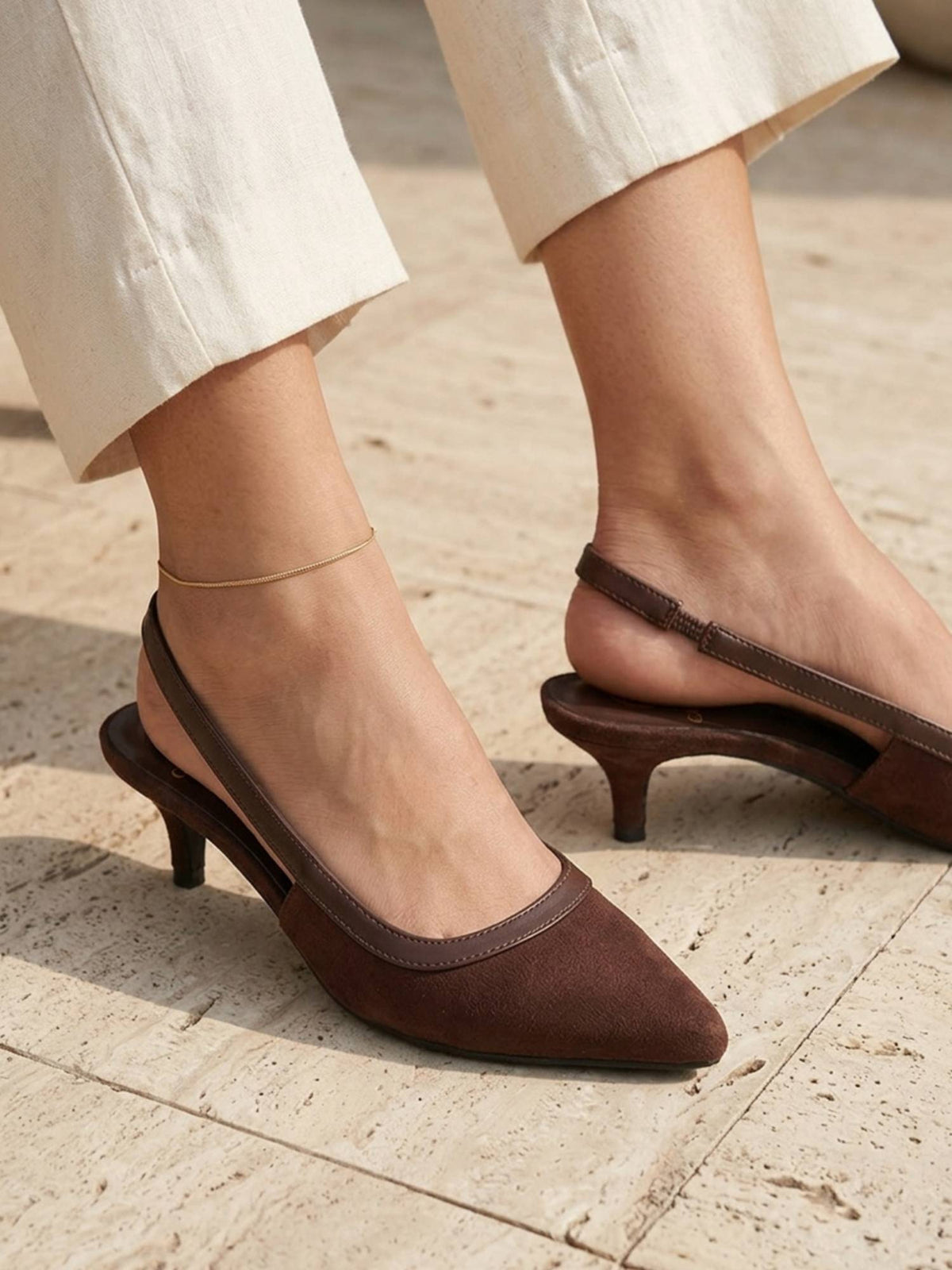 Women Pointed Toe Suede Slingback Kitten Sandal Heels - Brown | H78 - view 5