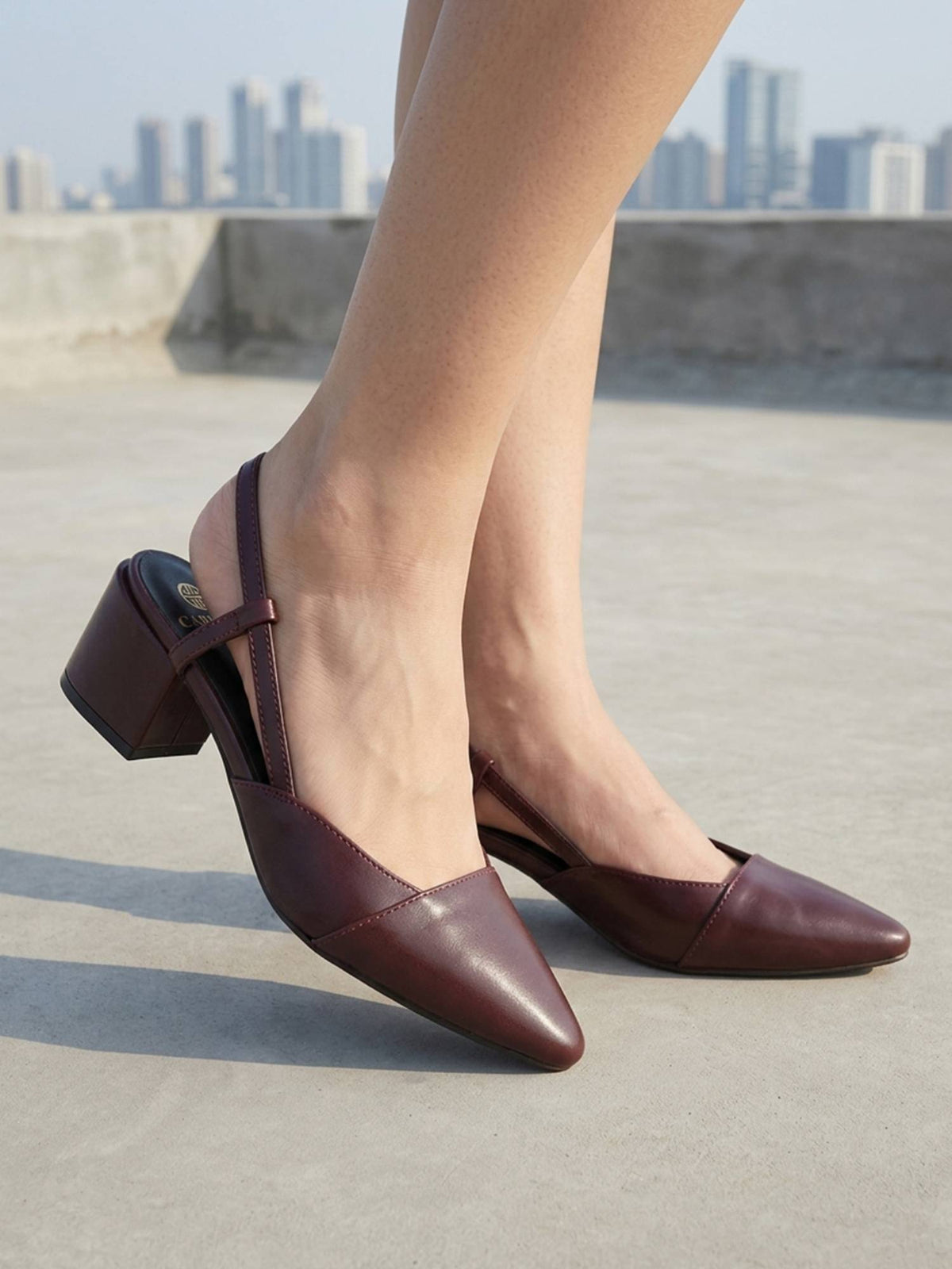 Women Pointed Toe Low Block Heel Slingback Sandals - Maroon | H78 - view 3