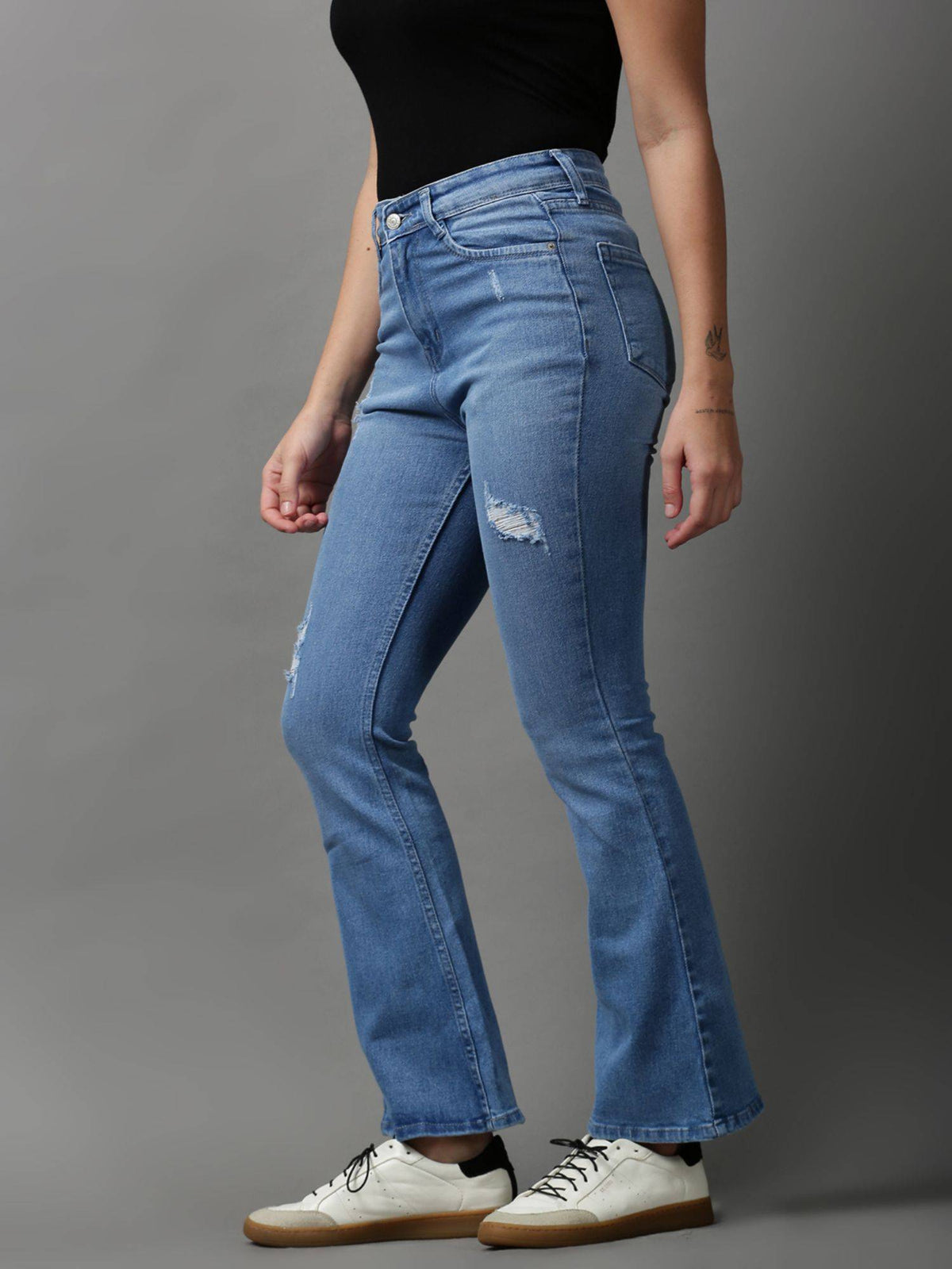 Womens Mildly Distressed Bootcut Blue Denim Jeans | BT10 - view 2