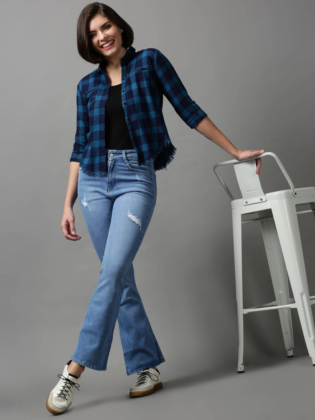 Womens Mildly Distressed Bootcut Blue Denim Jeans | BT10 - view 4