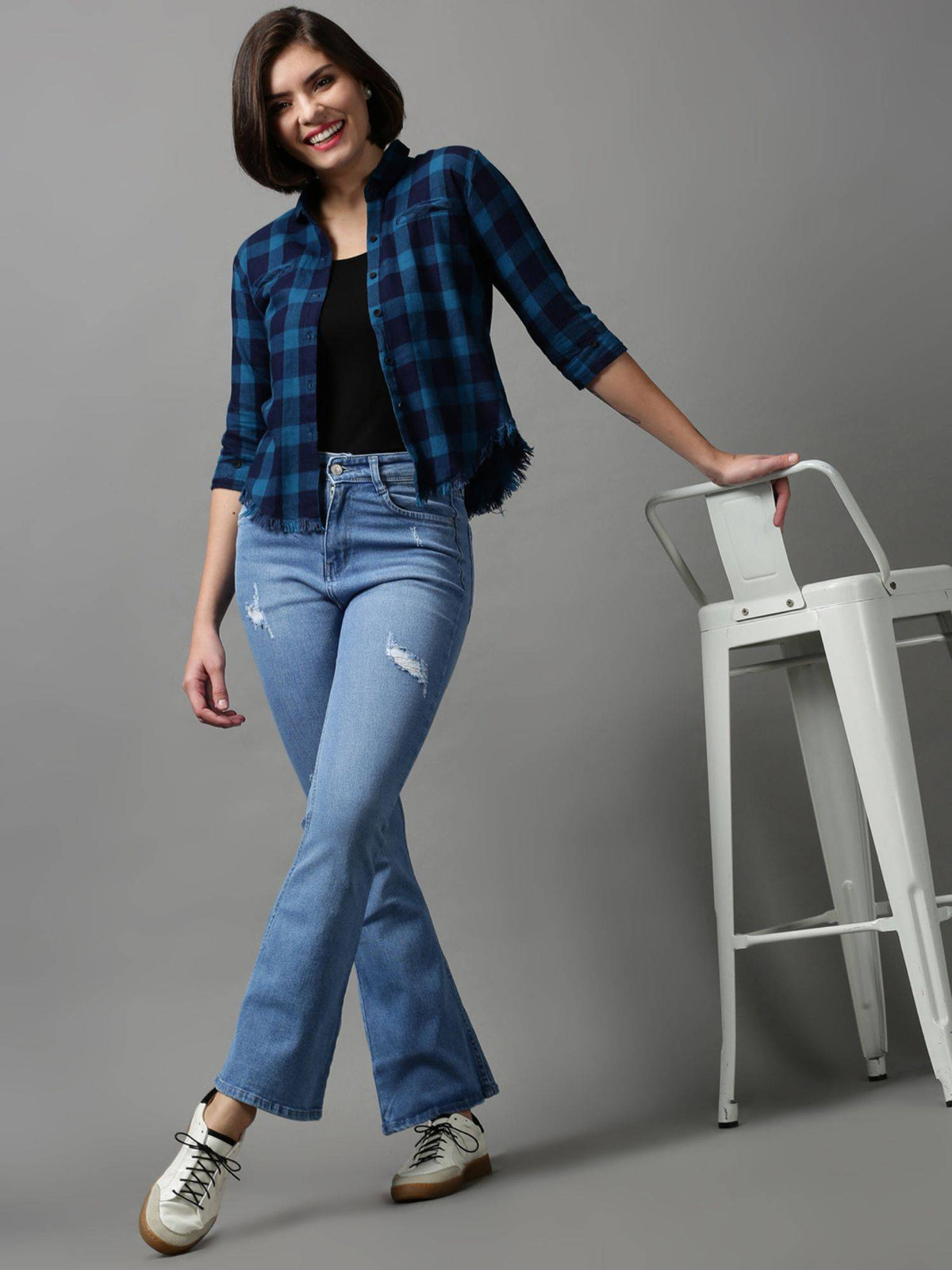 Womens Mildly Distressed Bootcut Blue Denim Jeans | BT10 - view 4
