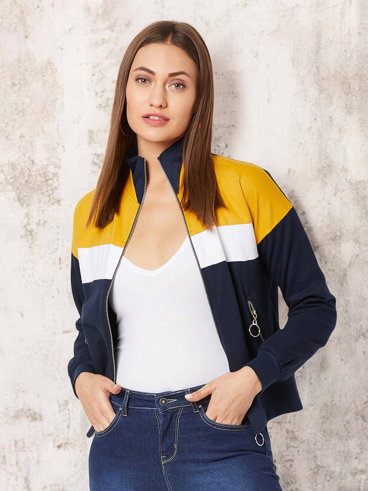 Women's Black Round Neck Solid Cotton Multicolored Rib Zippered Bomber Jacket | JC78 - view 15