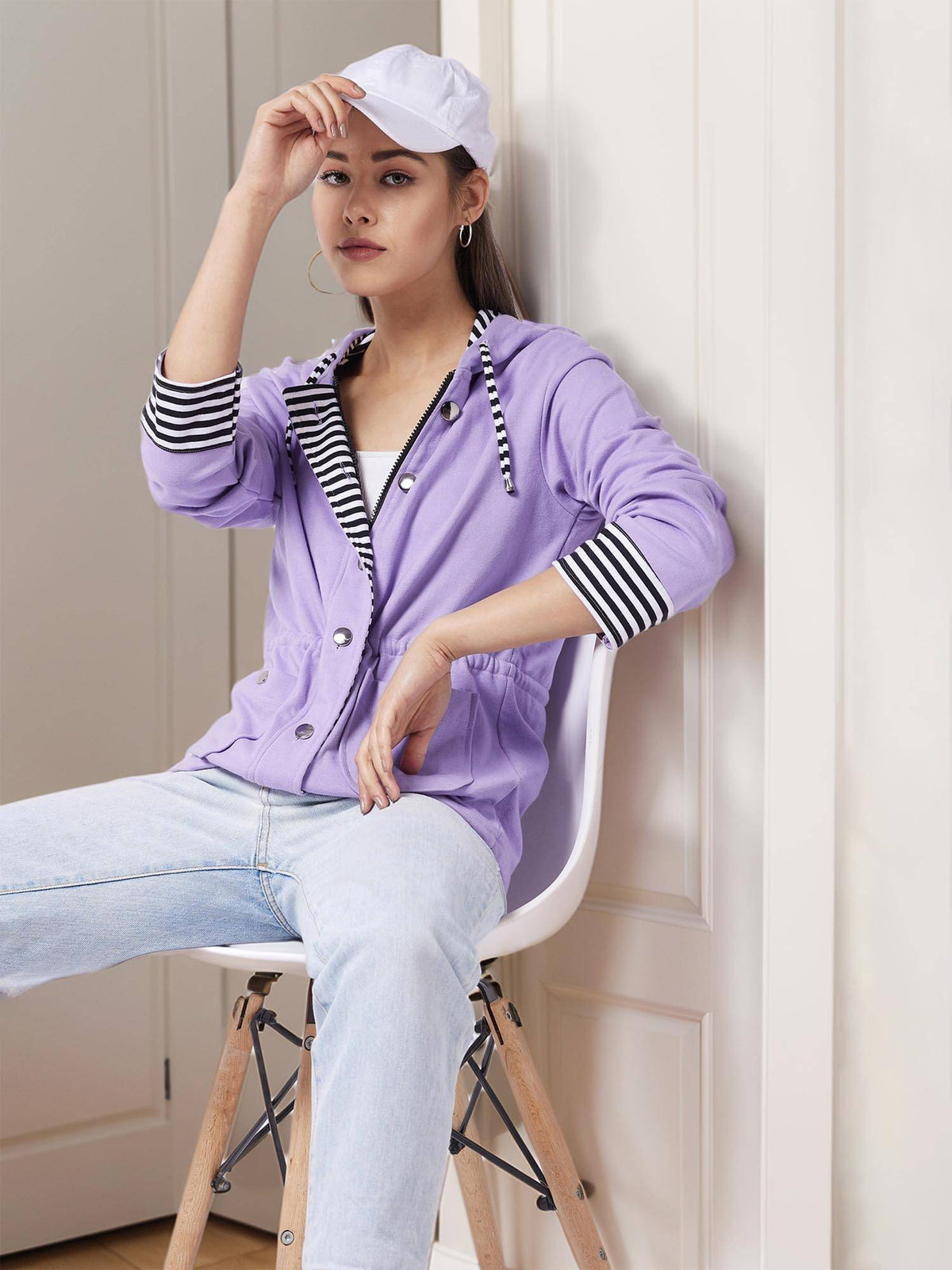 Women's Black Round Neck Solid Cotton Multicolored Rib Zippered Bomber Jacket | JC78 - view 28