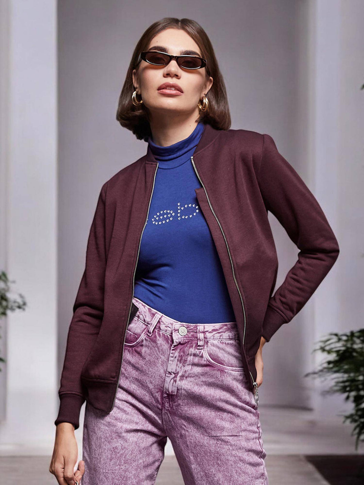 Women's Black Round Neck Solid Cotton Multicolored Rib Zippered Bomber Jacket | JC78 - view 34