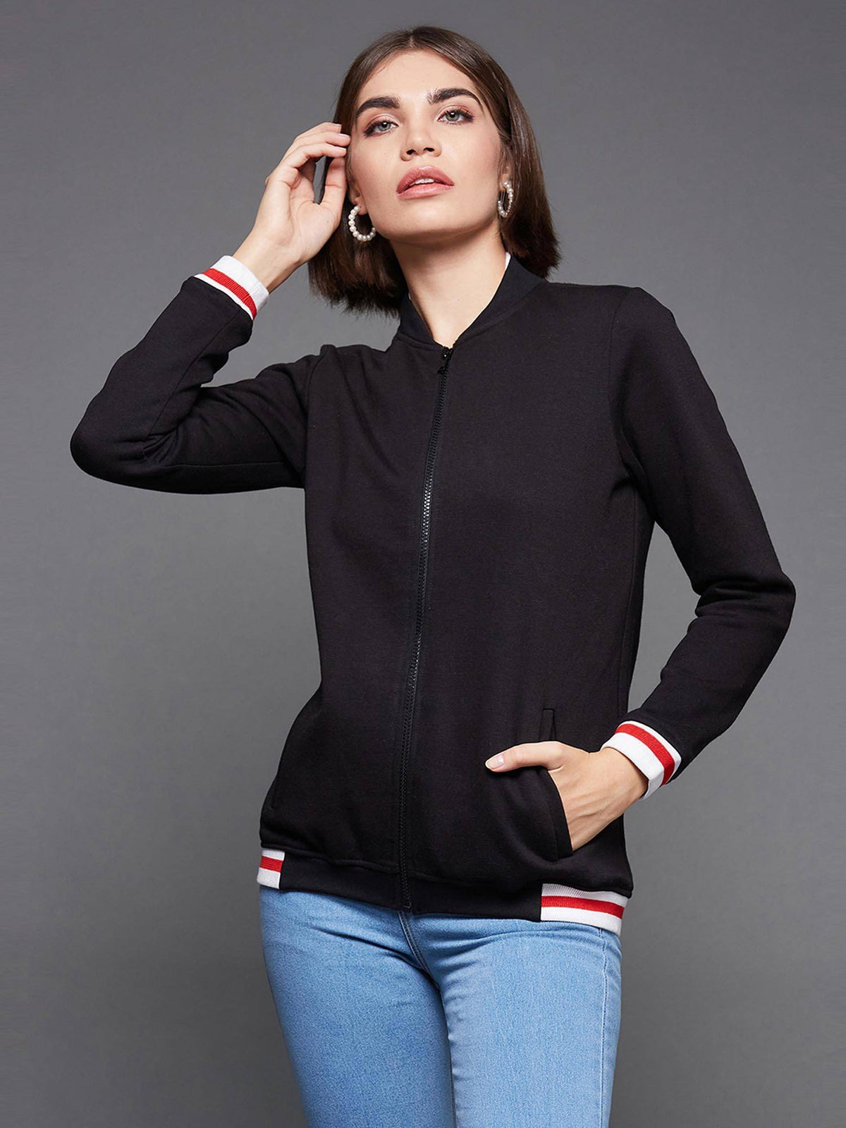 Women's Black Round Neck Solid Cotton Multicolored Rib Zippered Bomber Jacket | JC78 - view 2