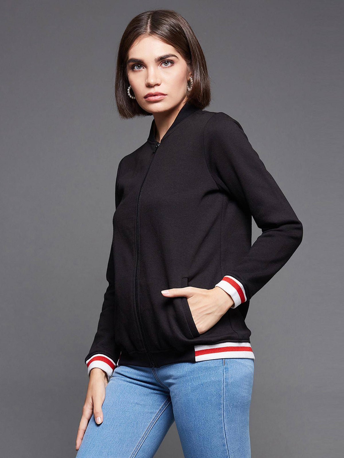Women's Black Round Neck Solid Cotton Multicolored Rib Zippered Bomber Jacket | JC78 - view 3