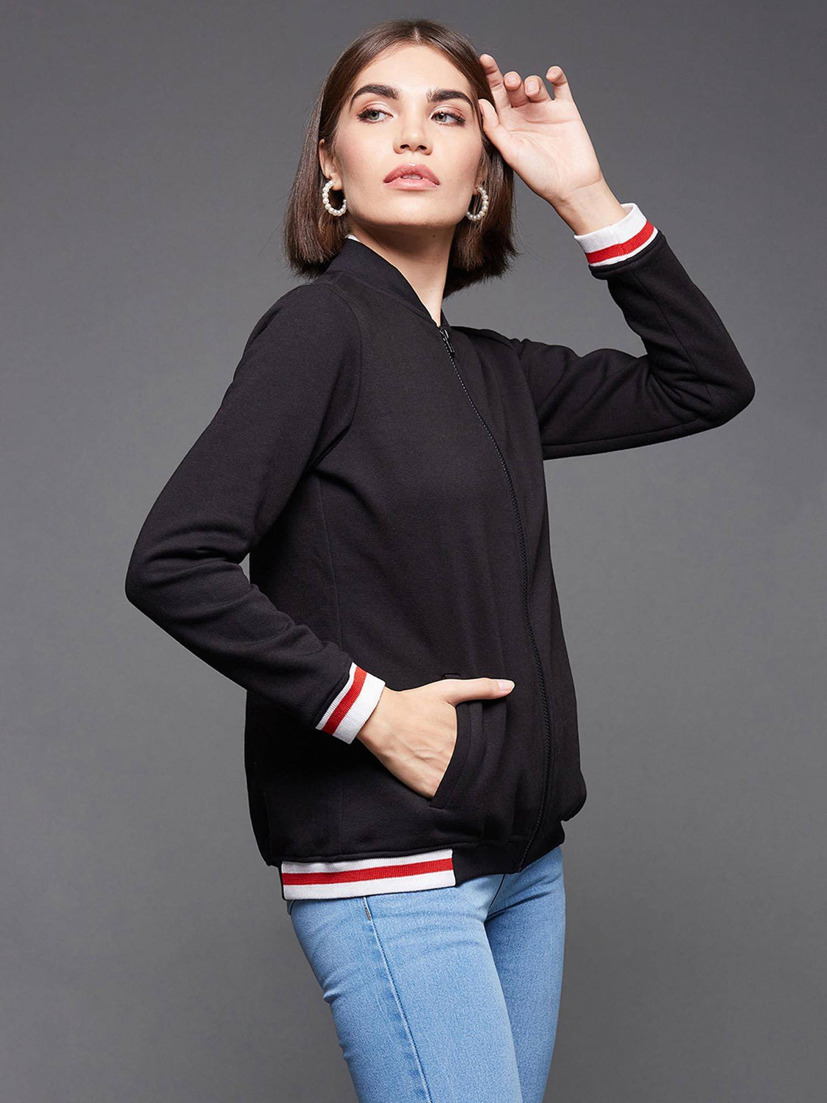 Women's Black Round Neck Solid Cotton Multicolored Rib Zippered Bomber Jacket | JC78 - view 4