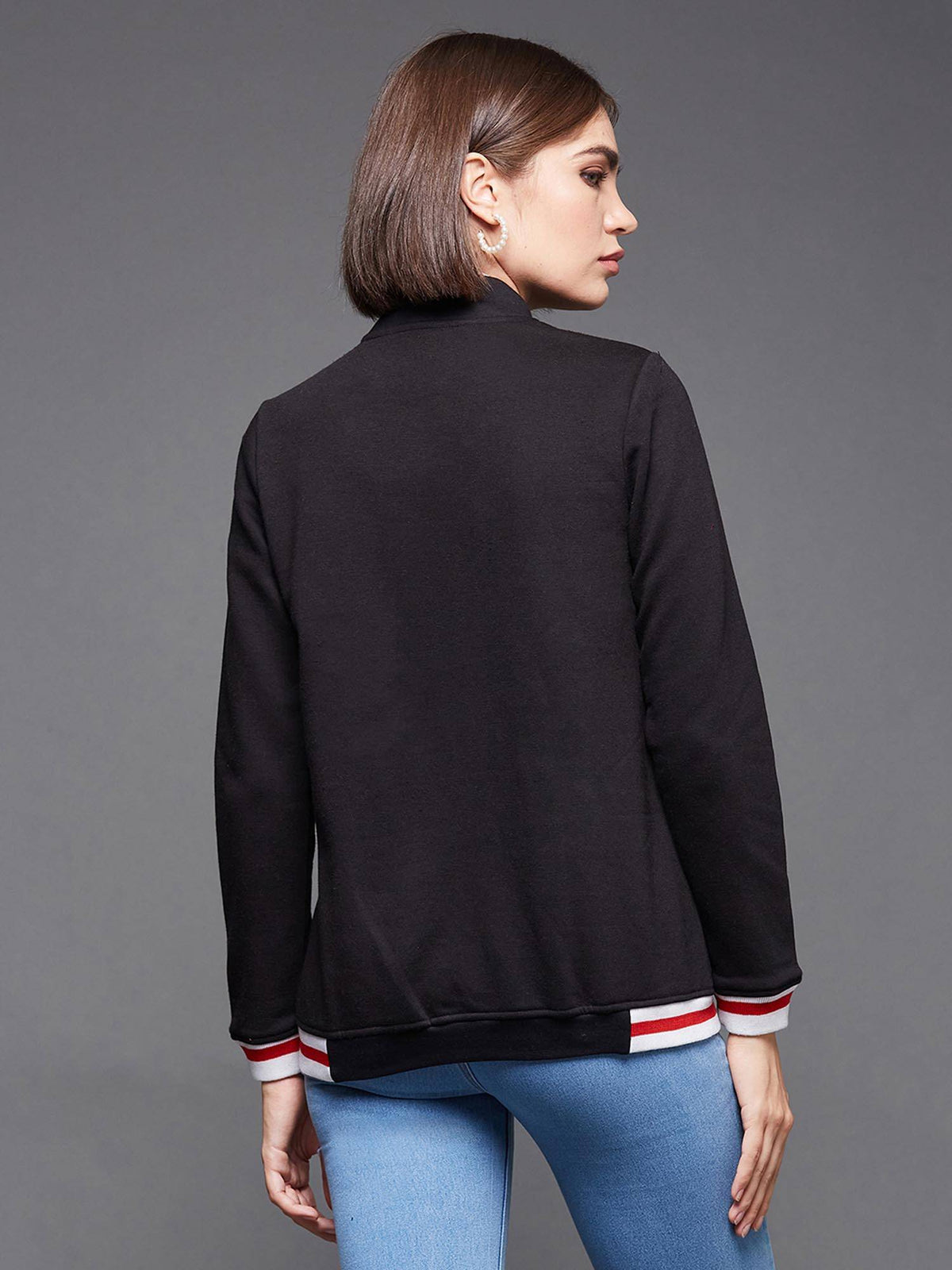 Women's Black Round Neck Solid Cotton Multicolored Rib Zippered Bomber Jacket | JC78 - view 5
