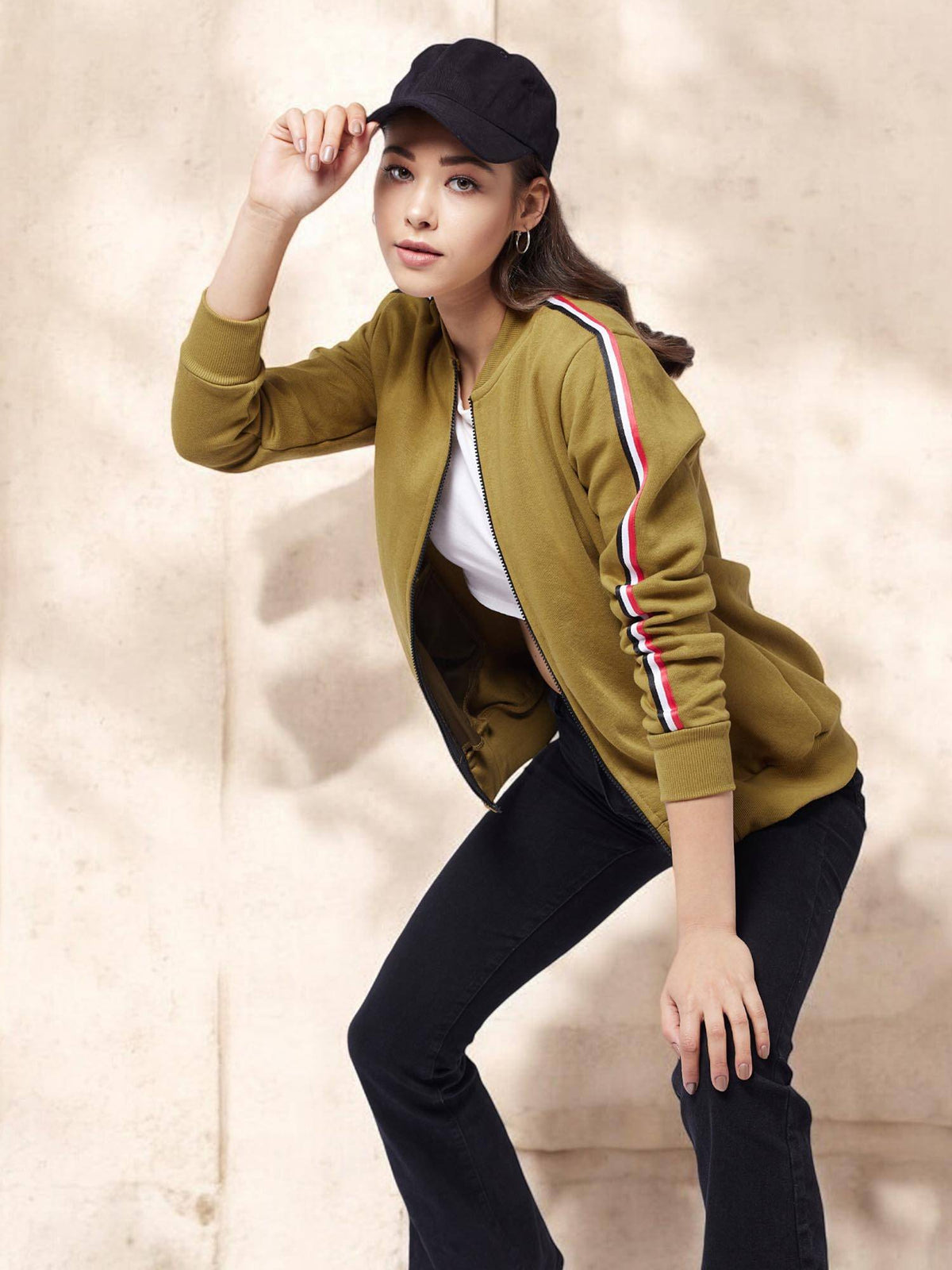 Women's Black Round Neck Solid Cotton Multicolored Rib Zippered Bomber Jacket | JC78 - view 22