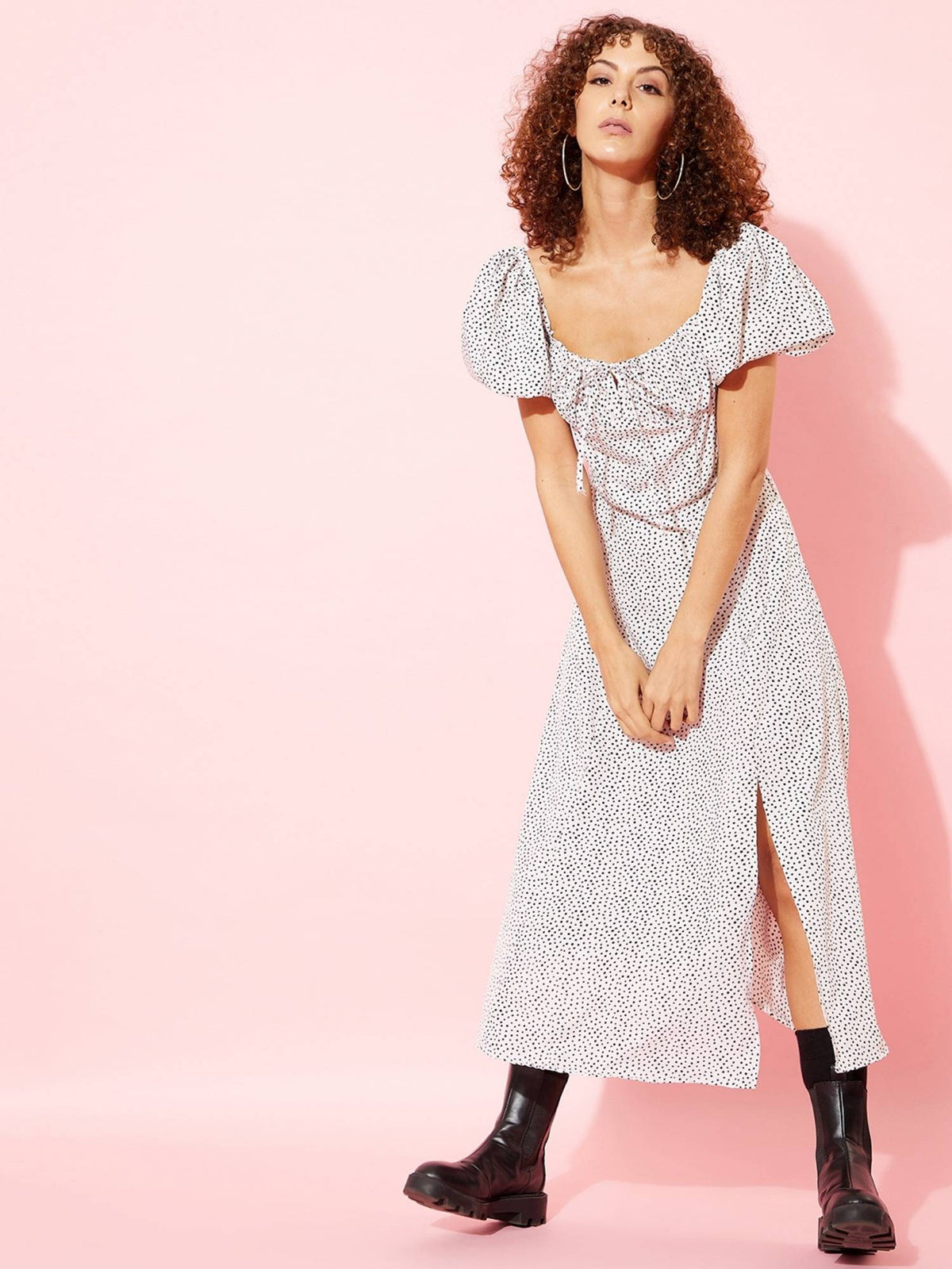 Animal Print Tie-Up Neck Puff Sleeve Crepe A-Line Midi Dress | D56 - view 13