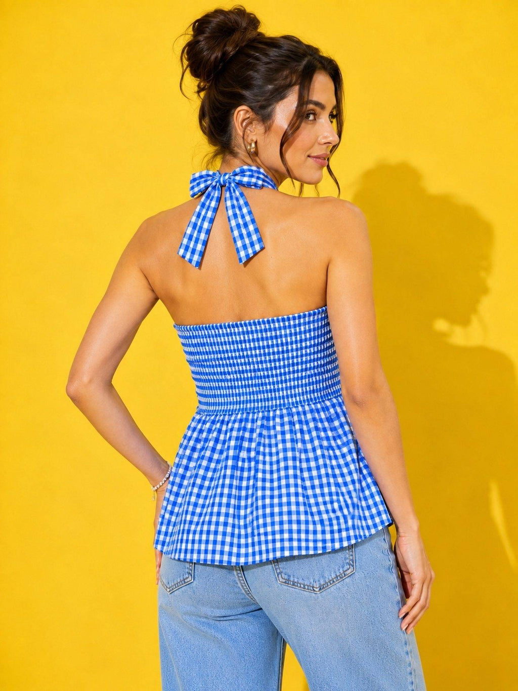 Women’s Blue Gingham Check Peplum Top | pt51 - view 2