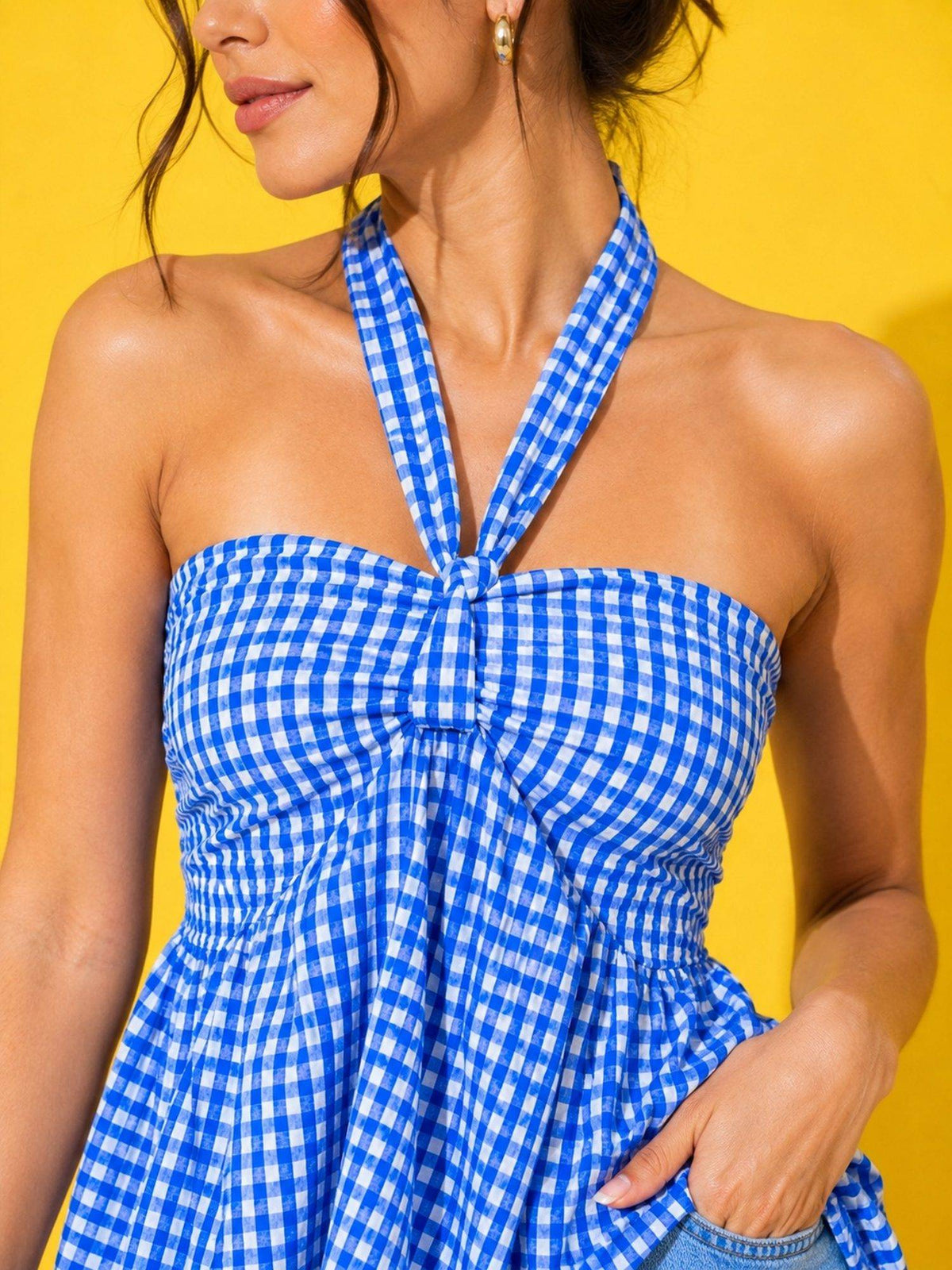 Women’s Blue Gingham Check Peplum Top | pt51 - view 7