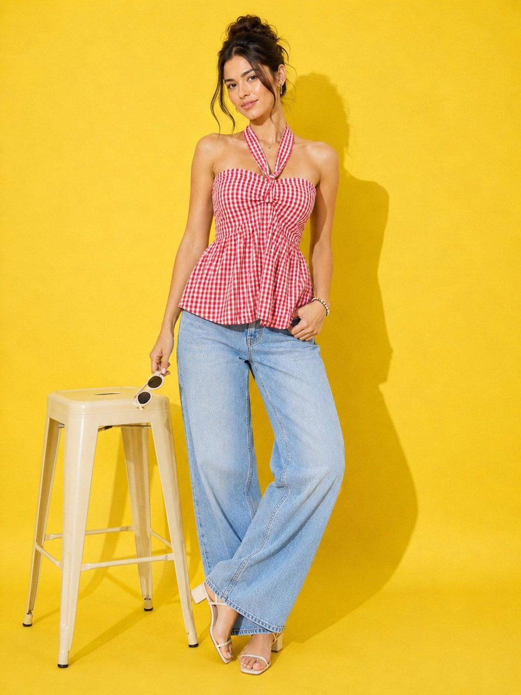 Women’s Red Gingham Check Peplum Top | pt51 - view 3