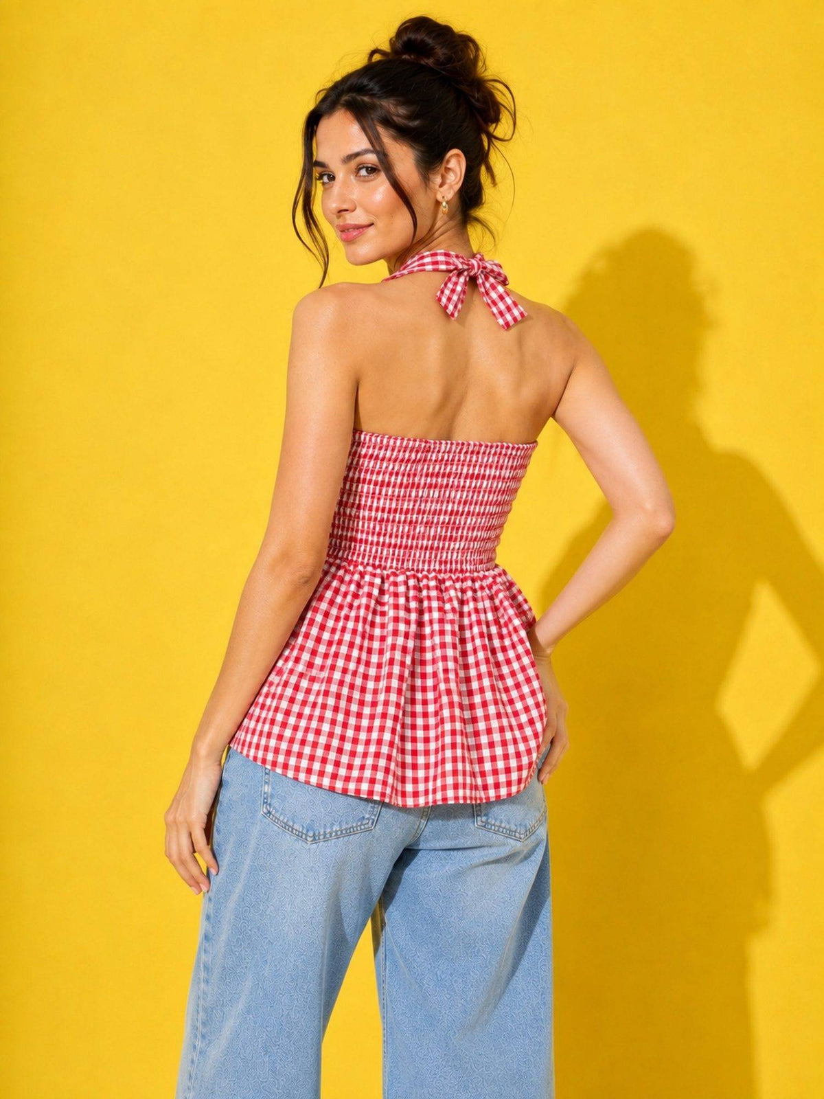Women’s Red Gingham Check Peplum Top | pt51 - view 2