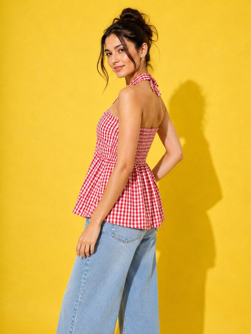 Women’s Red Gingham Check Peplum Top | HT67 - view 4