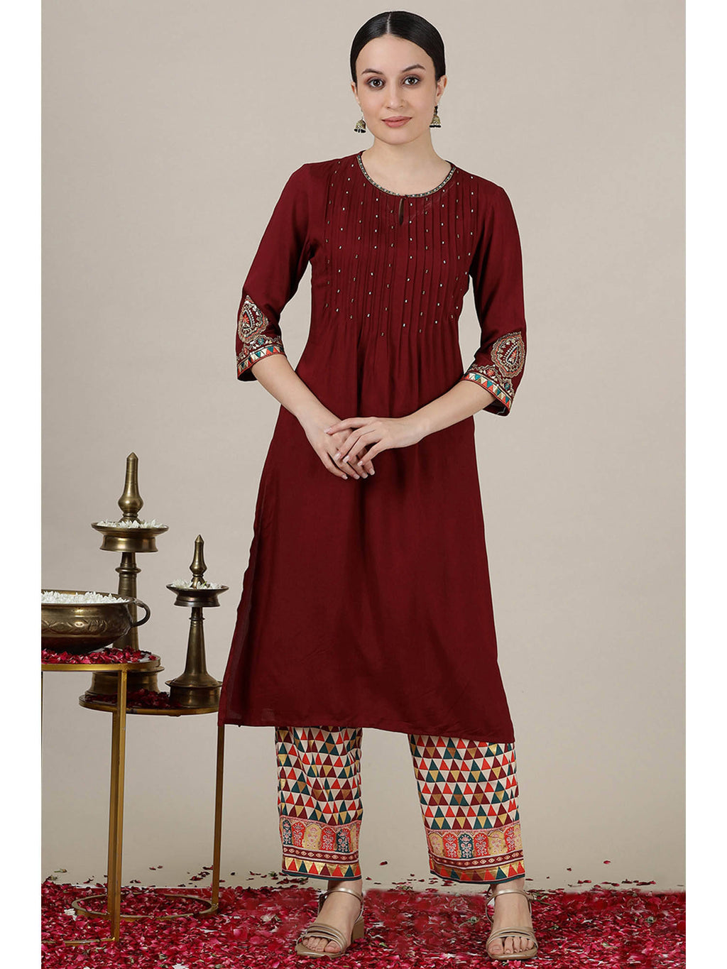 Maroon Sequined Straight Kurta with Pleated Yoke | KDG - view 2