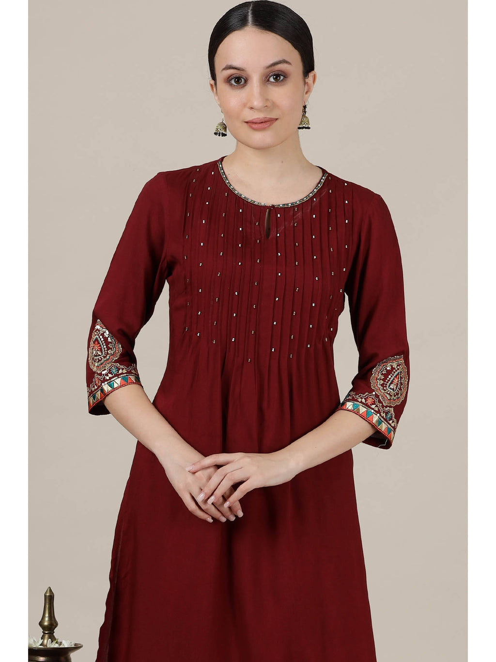 Maroon Sequined Straight Kurta with Pleated Yoke | KDG - view 3